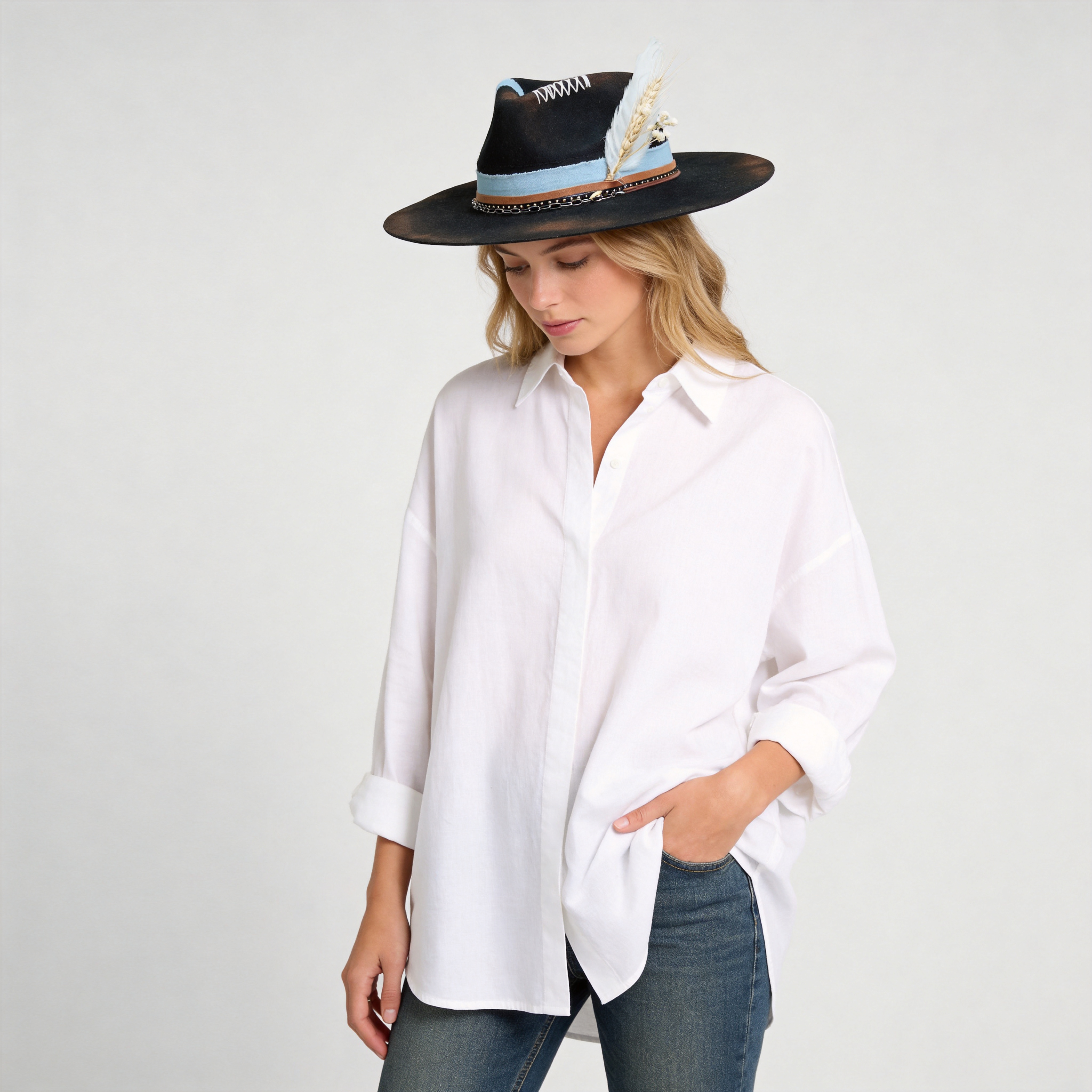 Gothic Felt Fedora with Silver Chain & Dried Flowers