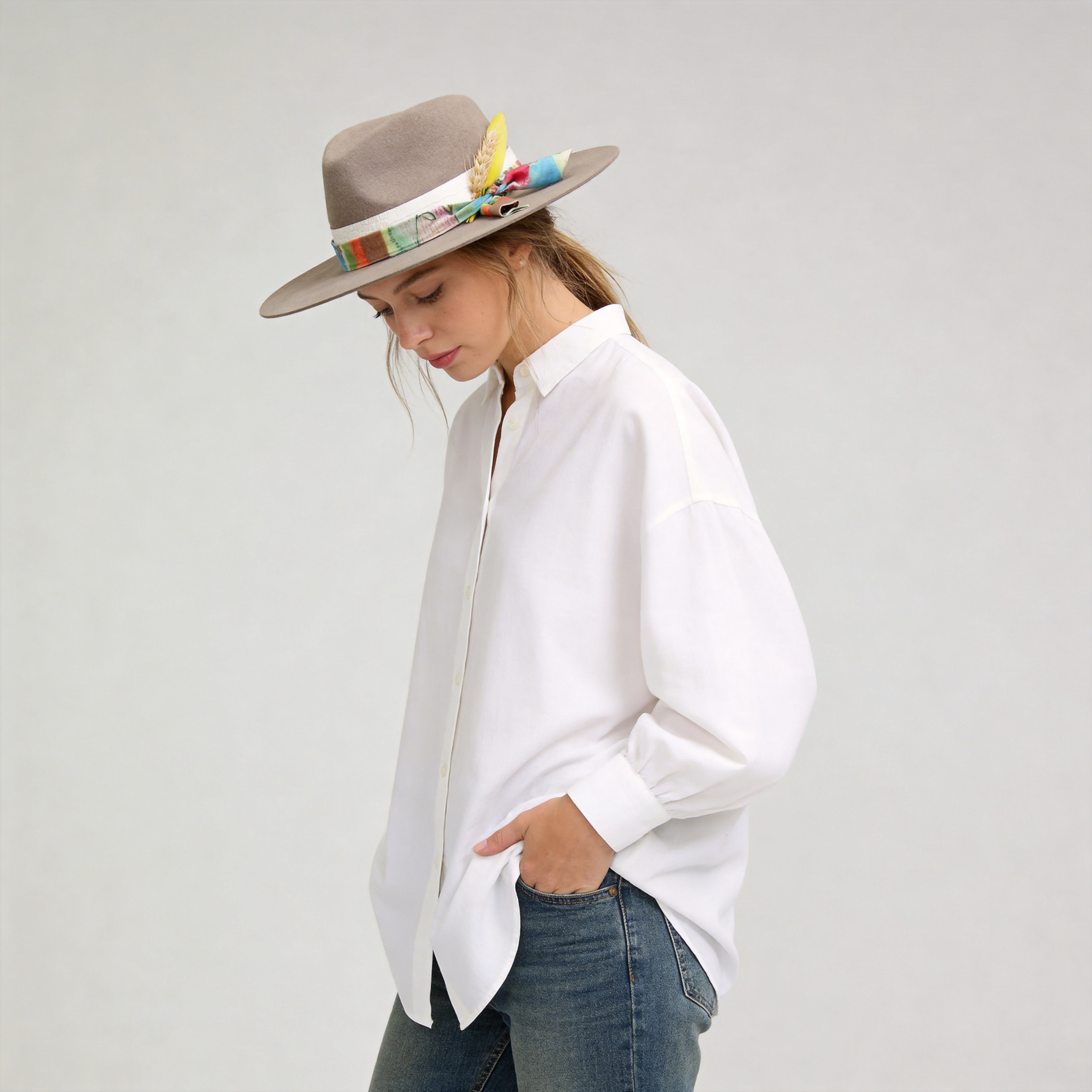 Camel Felt Hat - Custom Fabric with Wheat & Feathers