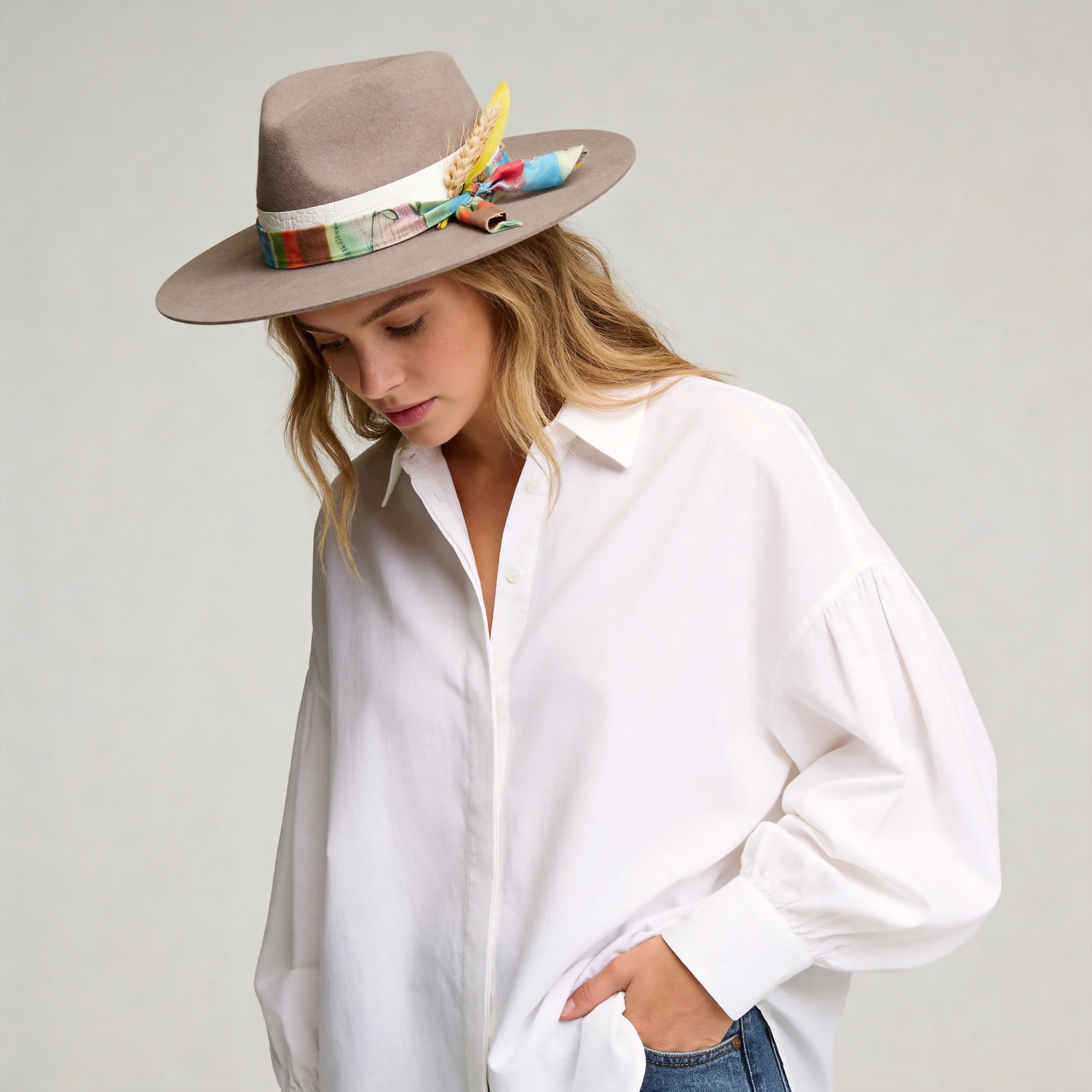 Camel Felt Hat - Custom Fabric with Wheat & Feathers