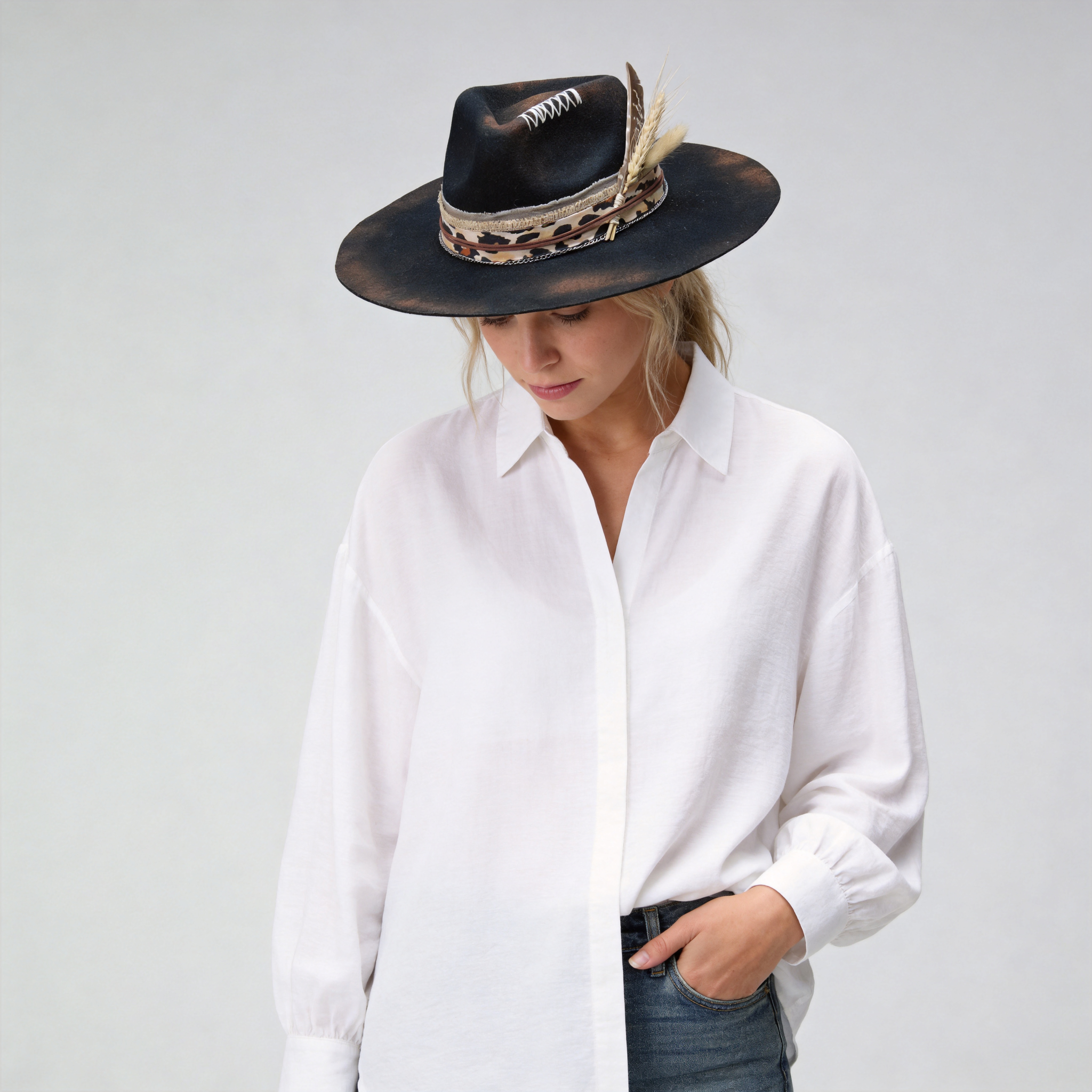 Teardrop Fedora - Black with Burned & Stitched Design