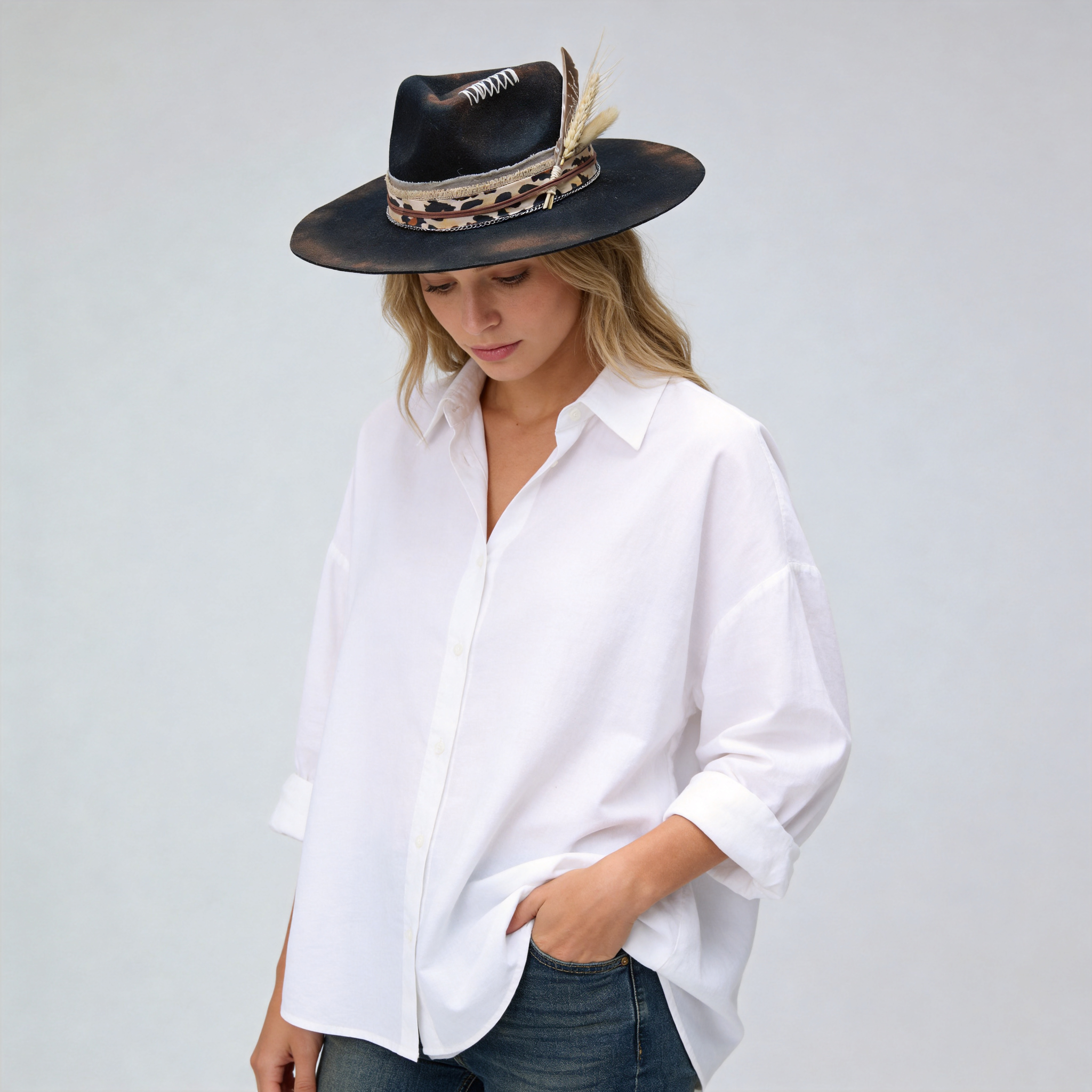 Teardrop Fedora - Black with Burned & Stitched Design