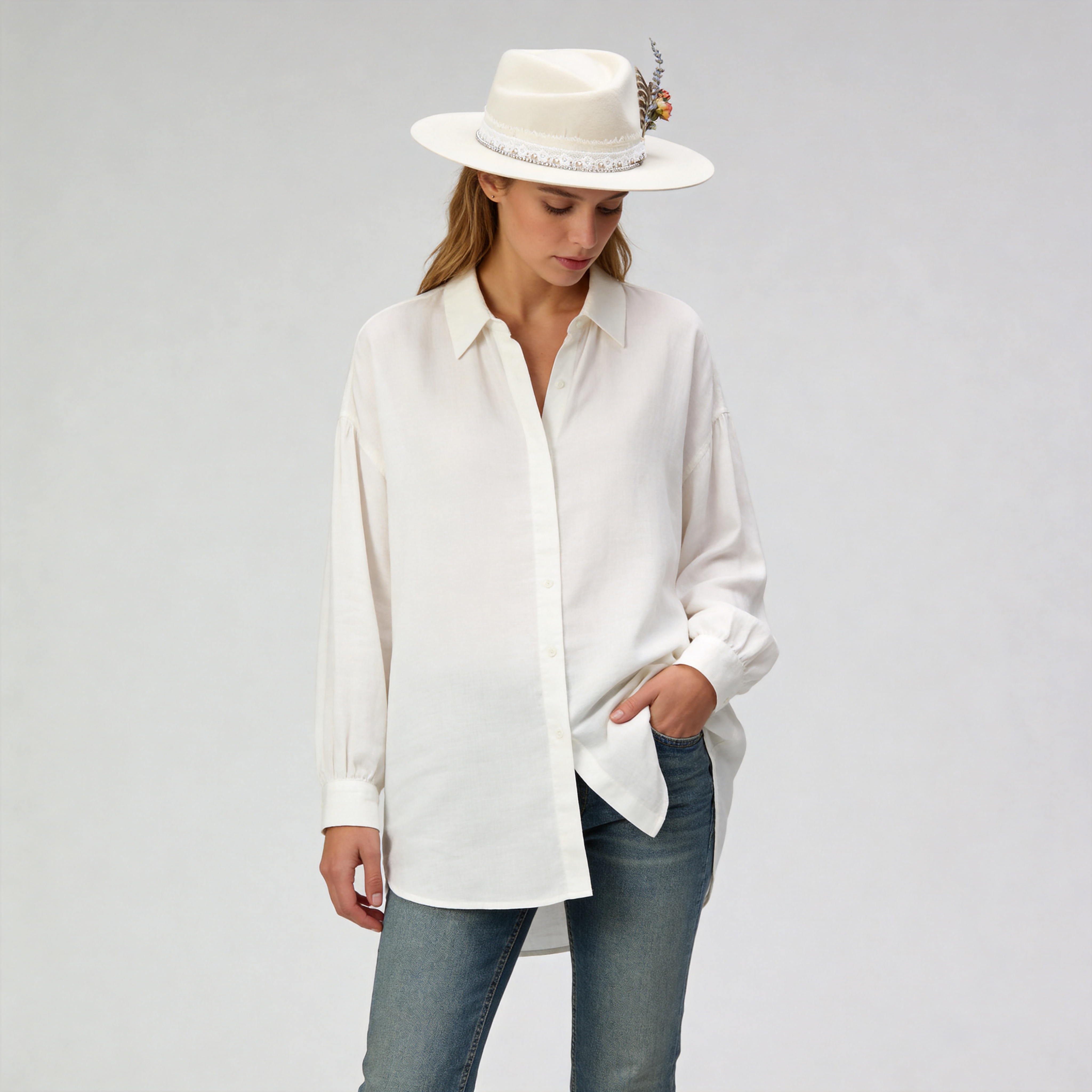 Cream Felt Fedora with Lace Band & Diamond Chain