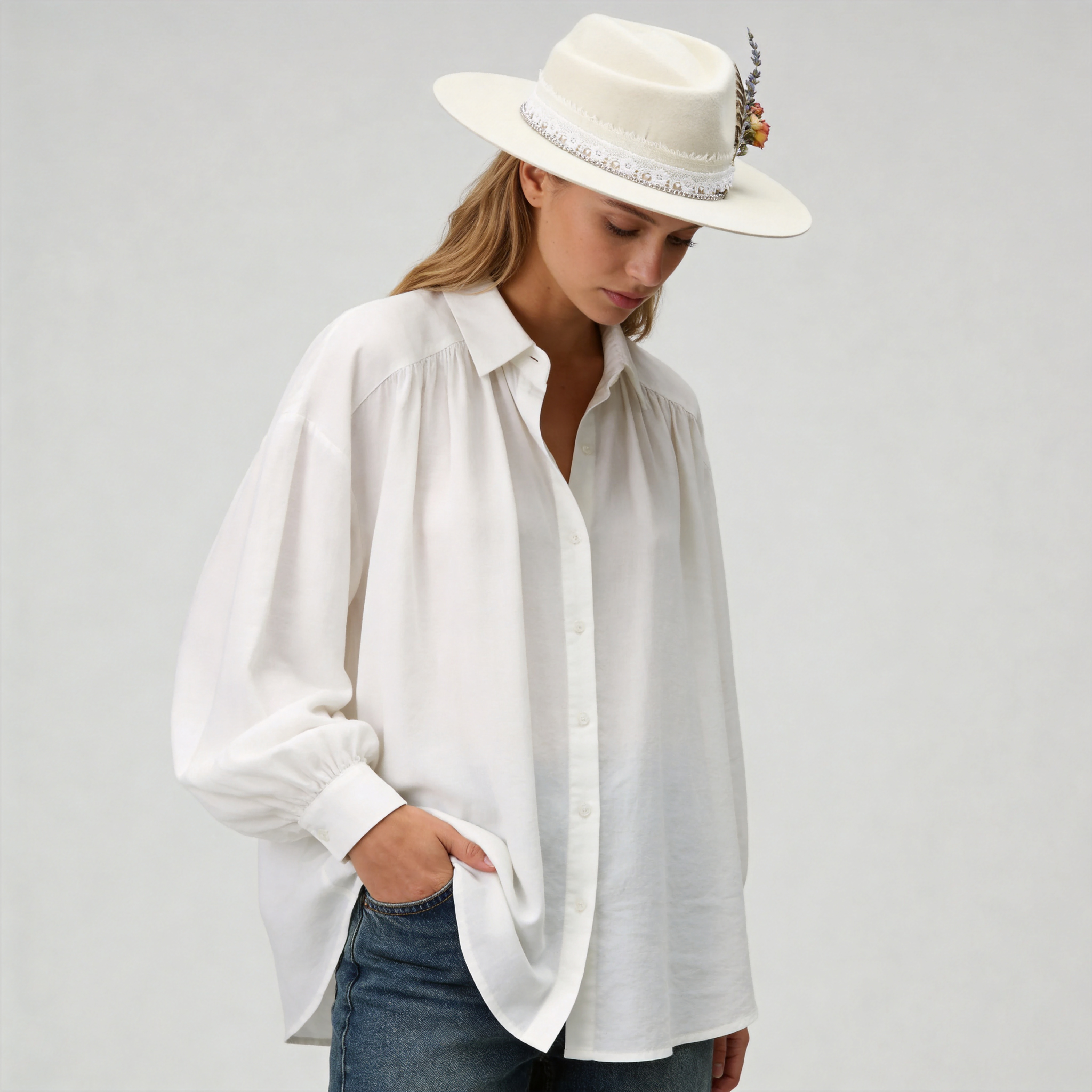 Cream Felt Fedora with Lace Band & Diamond Chain
