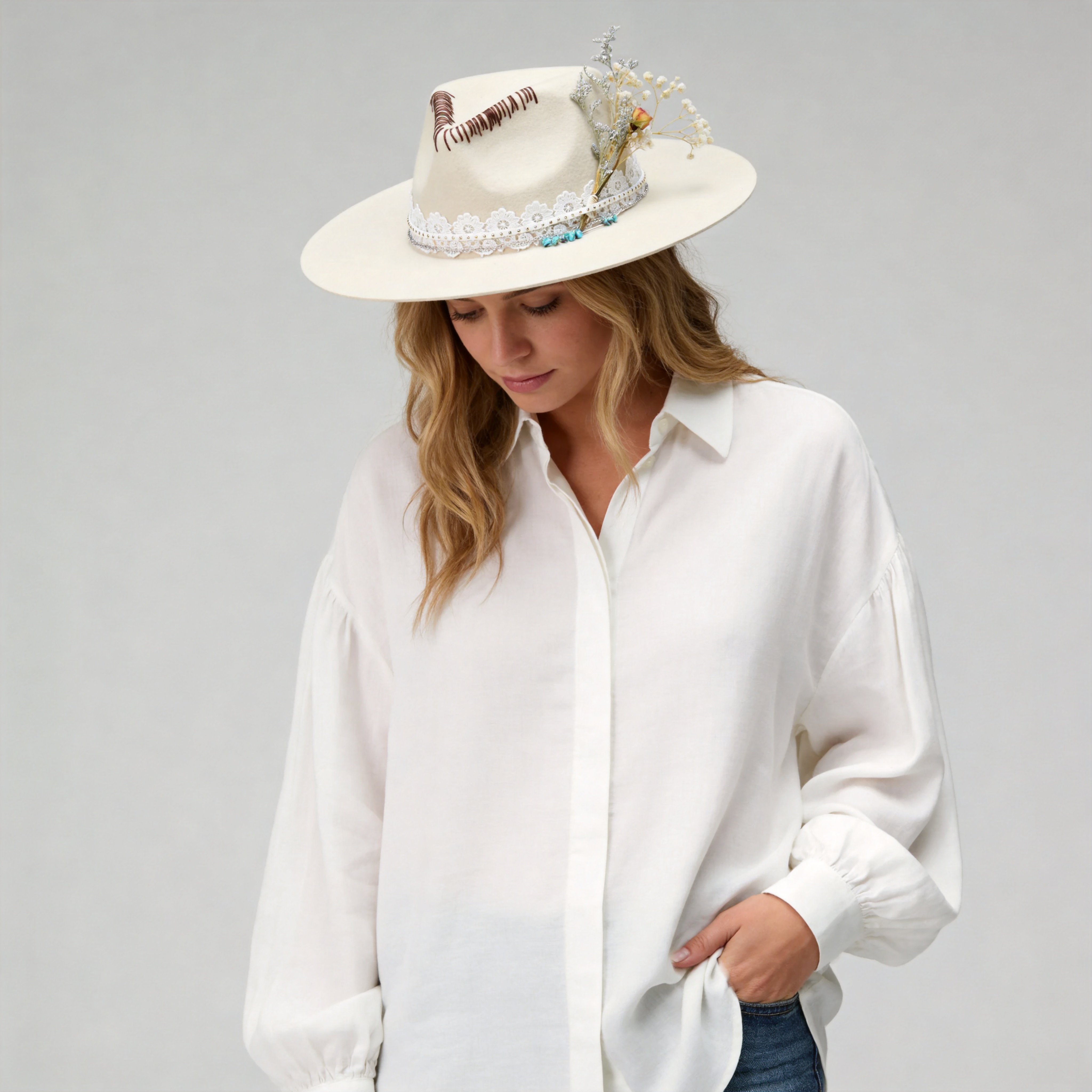Cream Felt Fedora with Lace Band & Turquoise Beads