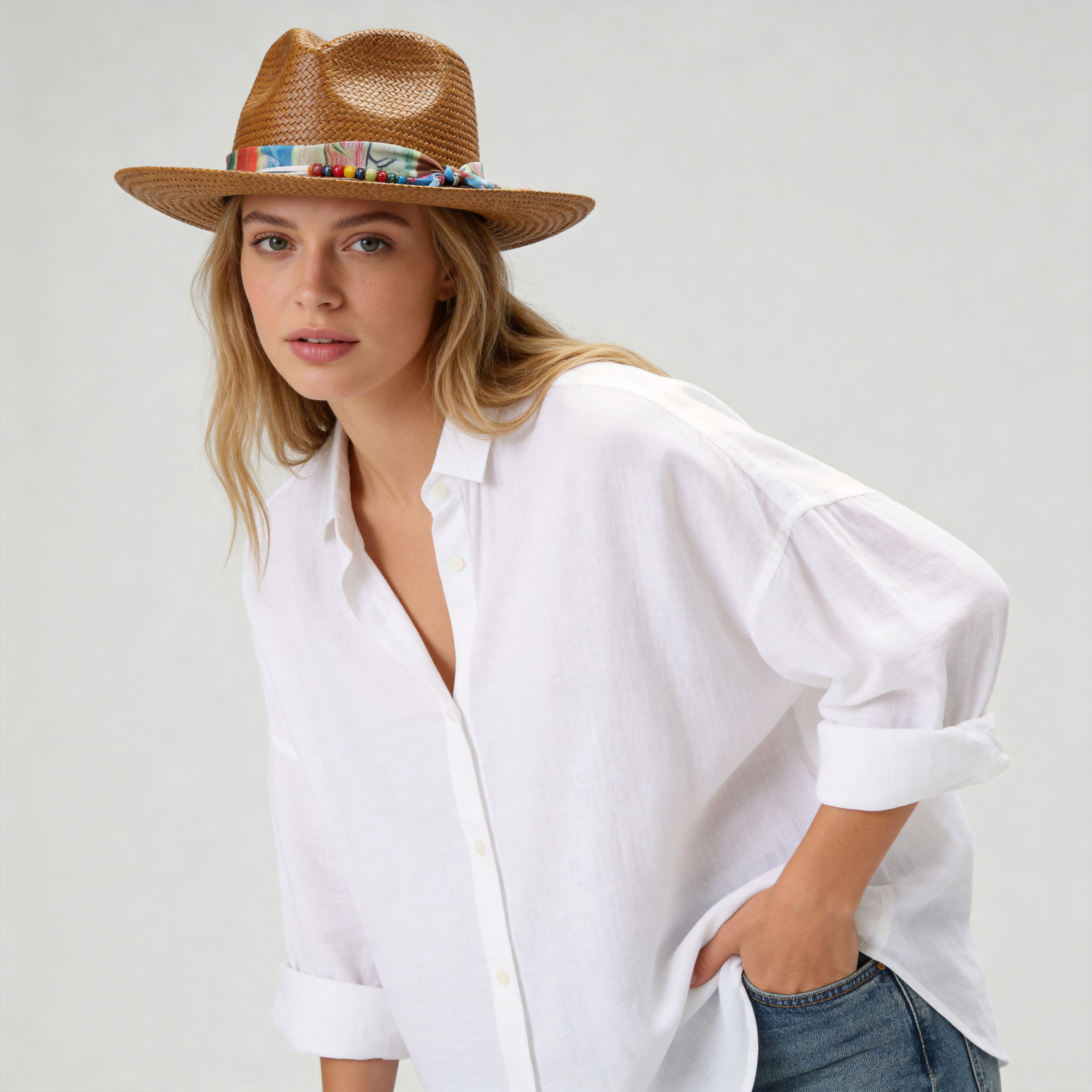 Caramel Straw Hat with Colorful Fabric Band & Beads