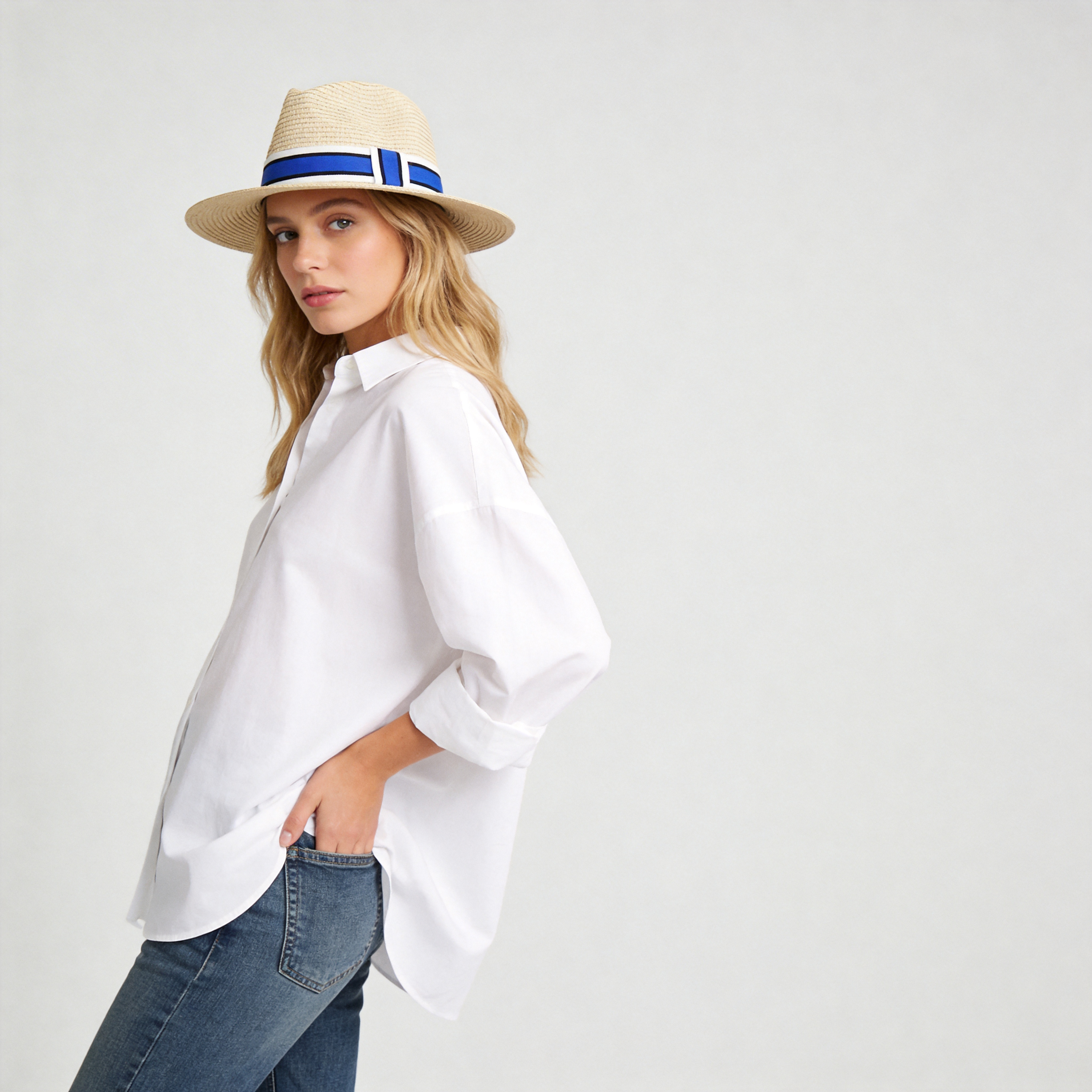 Striped Band Straw Wide Brim Hat