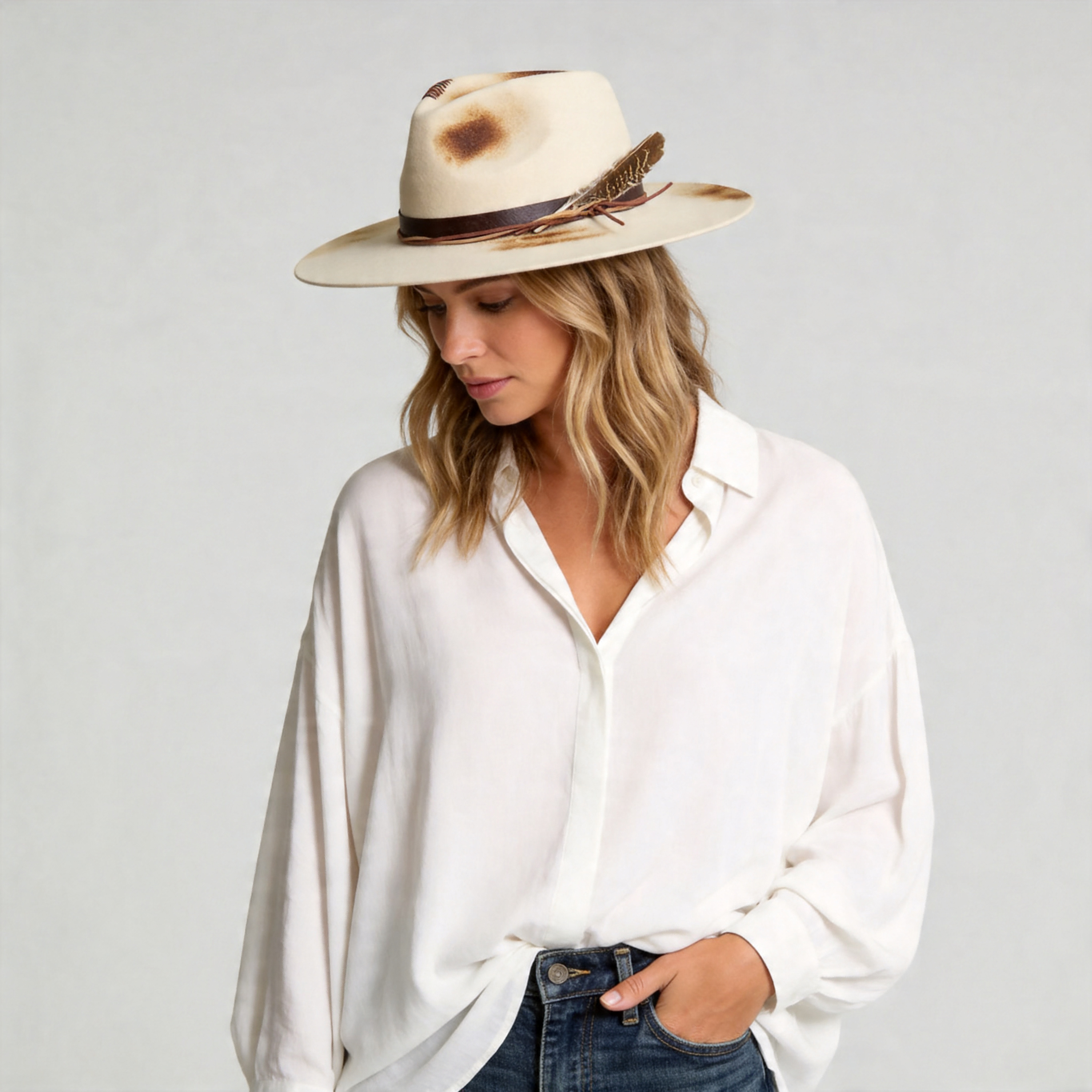 Off-White Felt Hat – Teardrop Crown, Leather Trim