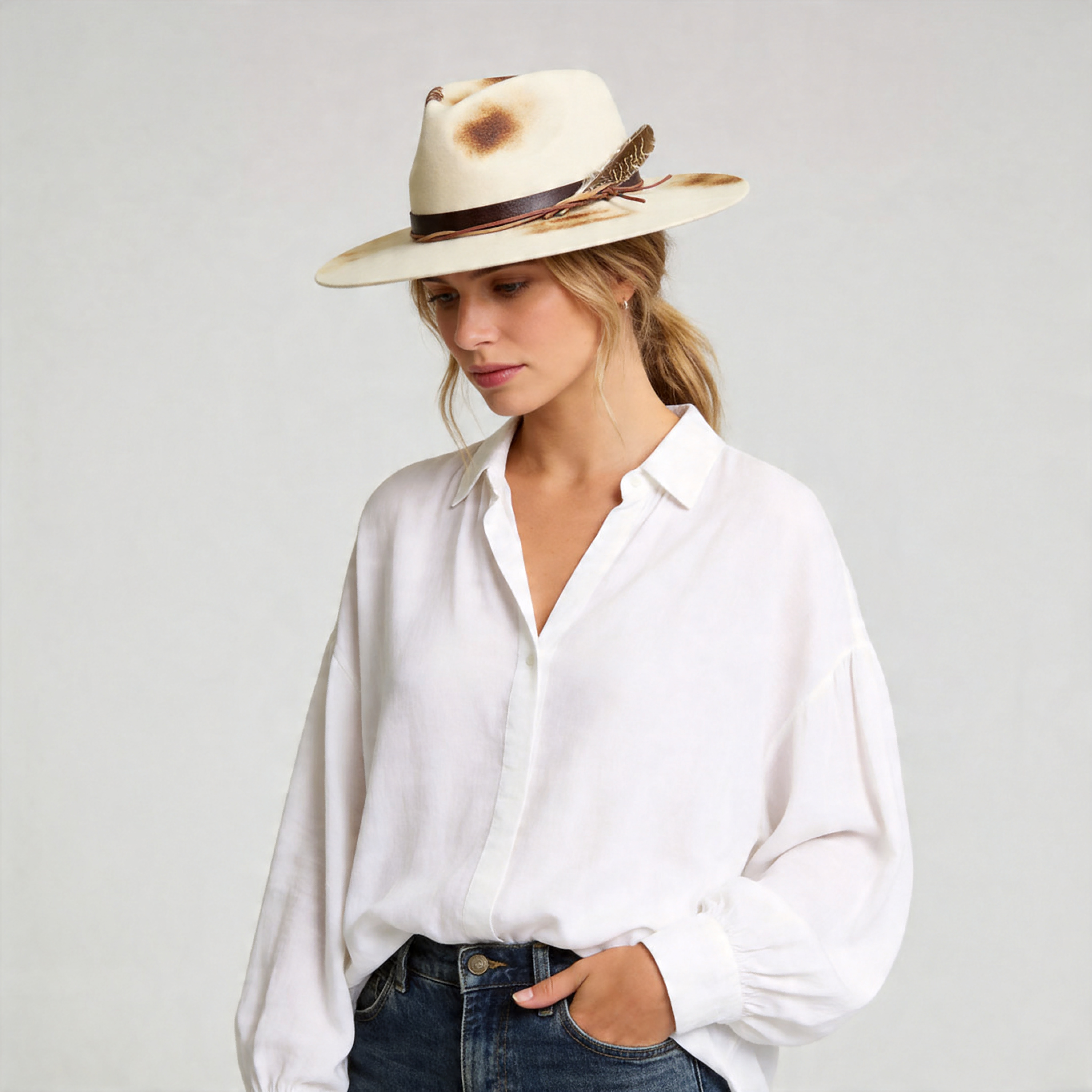 Off-White Felt Hat – Teardrop Crown, Leather Trim