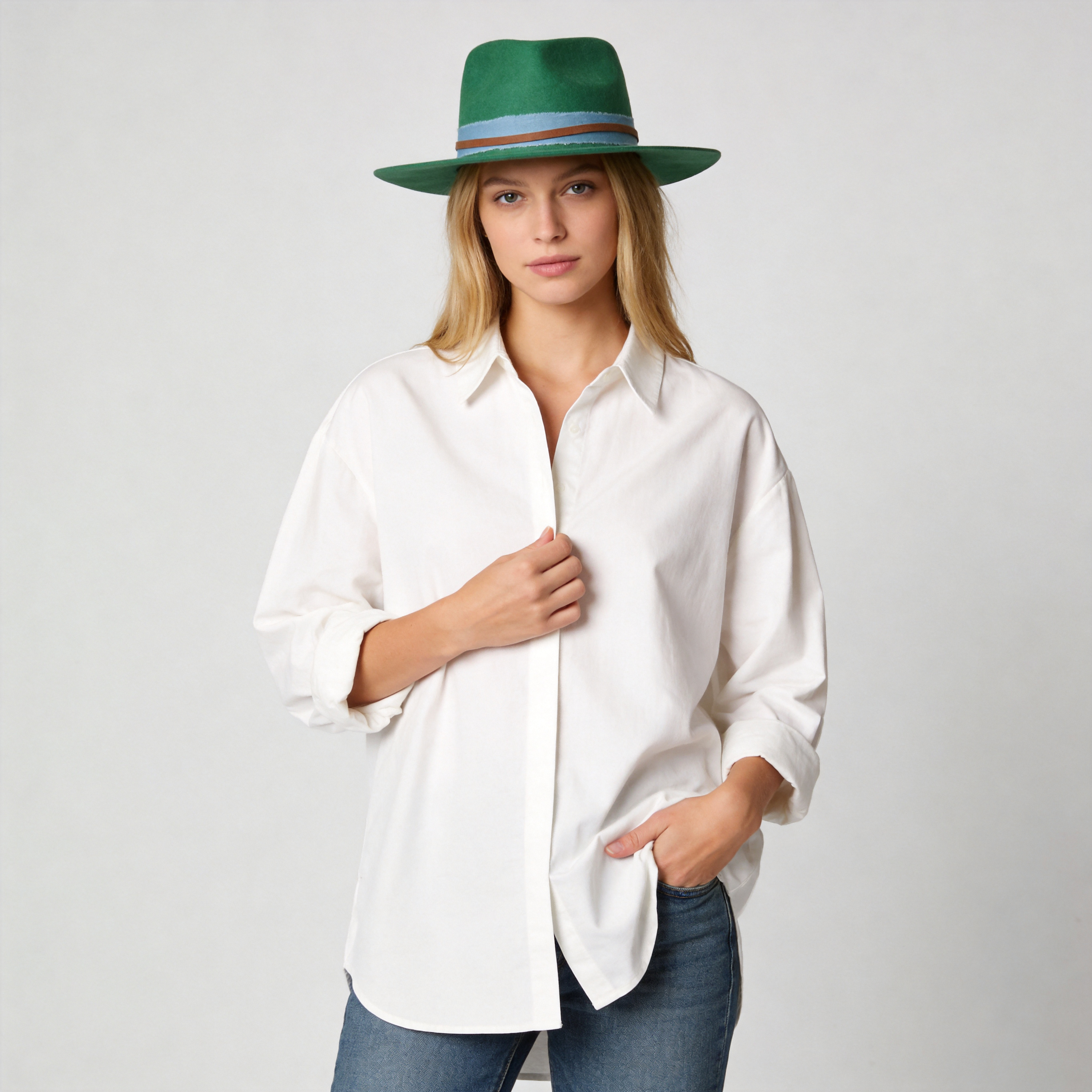 Green Straight Brim Felt Hat with Denim Band