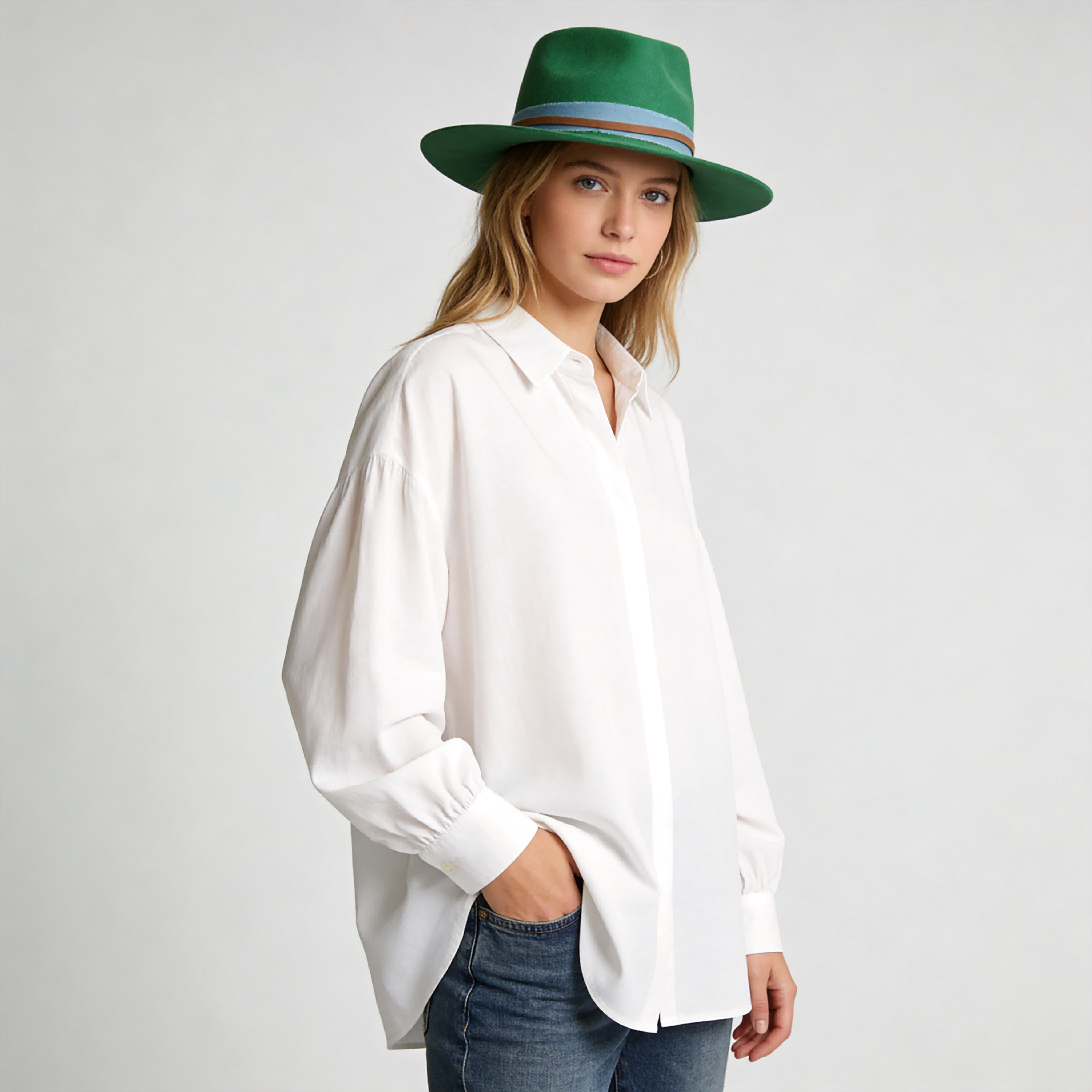 Green Straight Brim Felt Hat with Denim Band