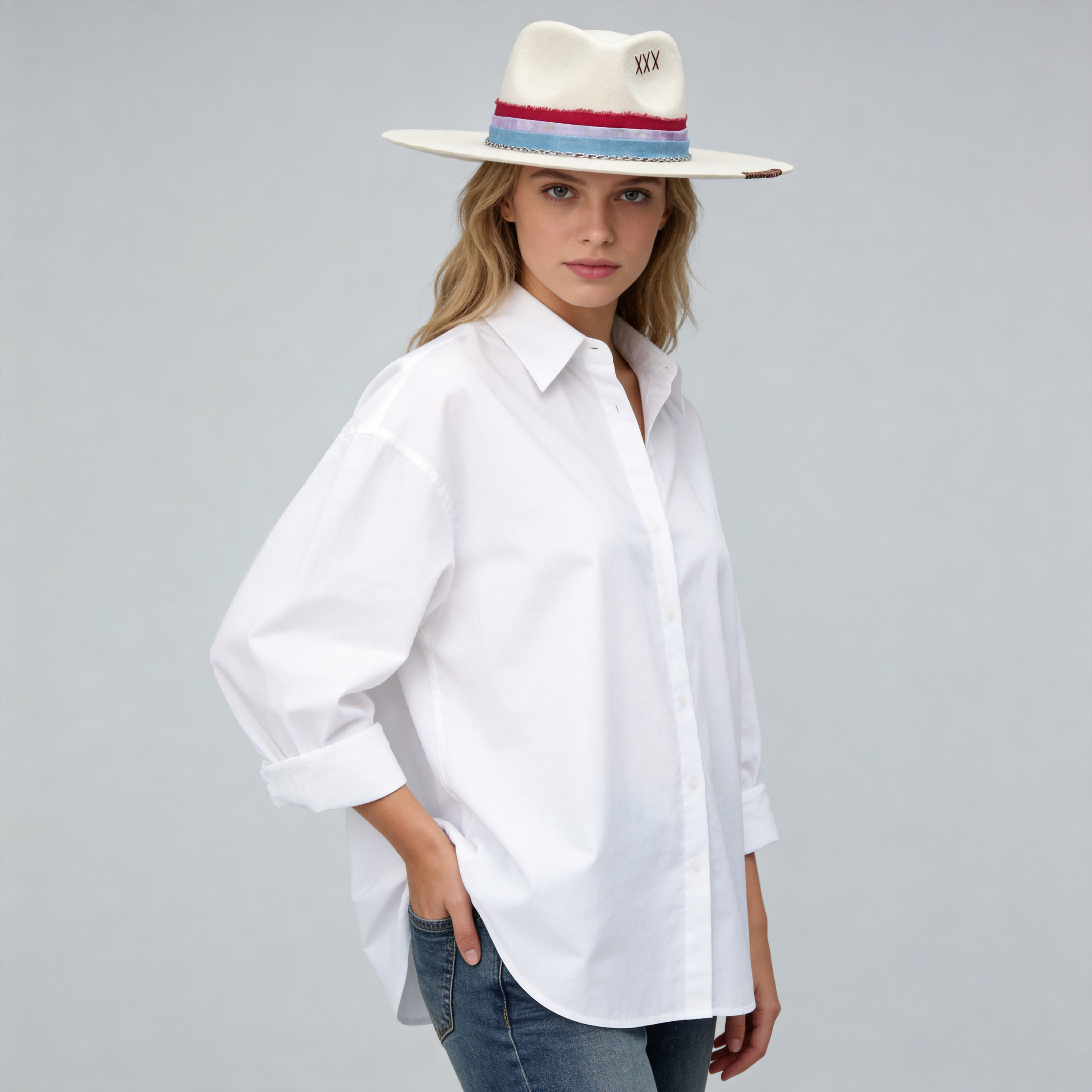 Off-White Straight Brim Felt Hat with Silver Chain