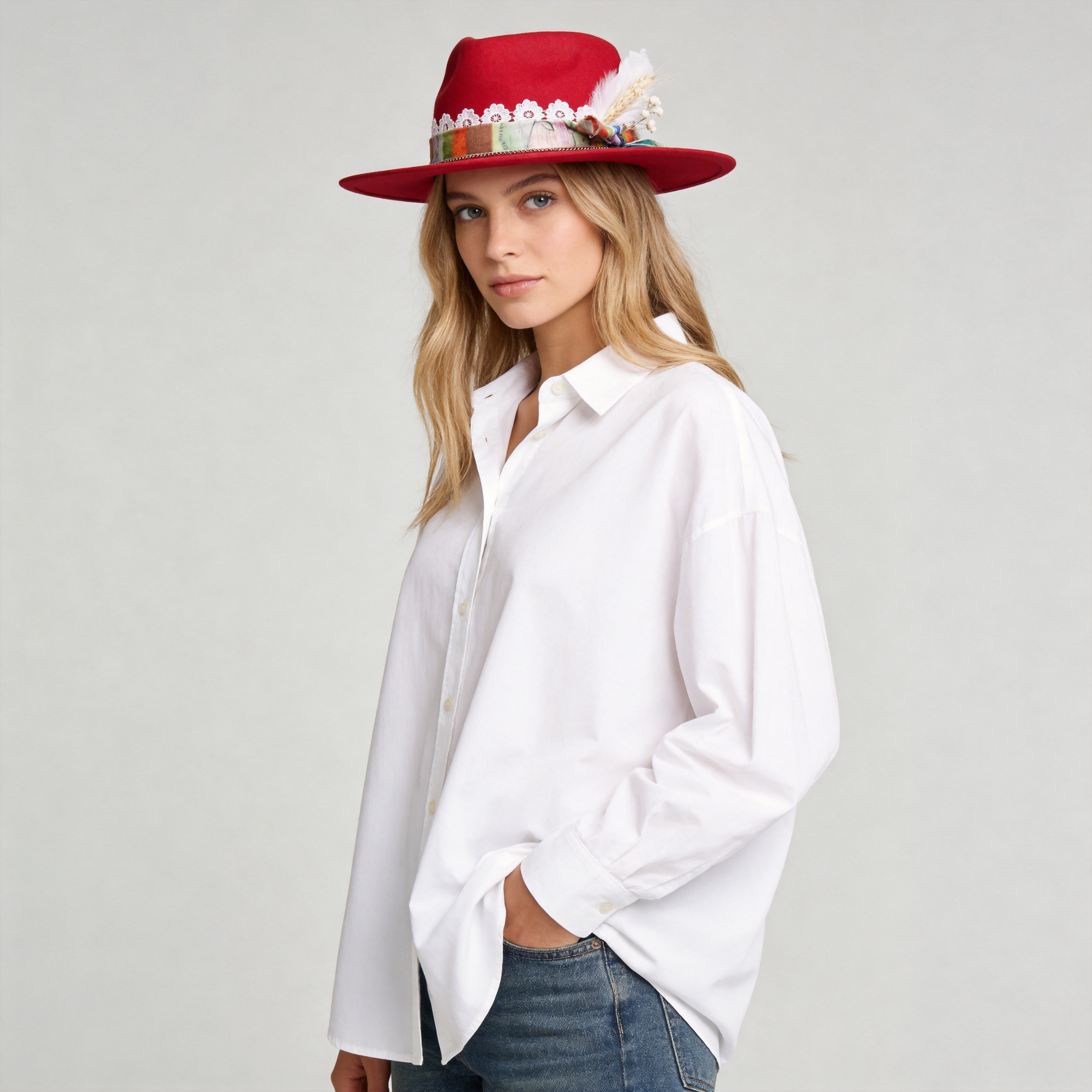 Red Straight Brim Felt Hat with Lace & Floral Band