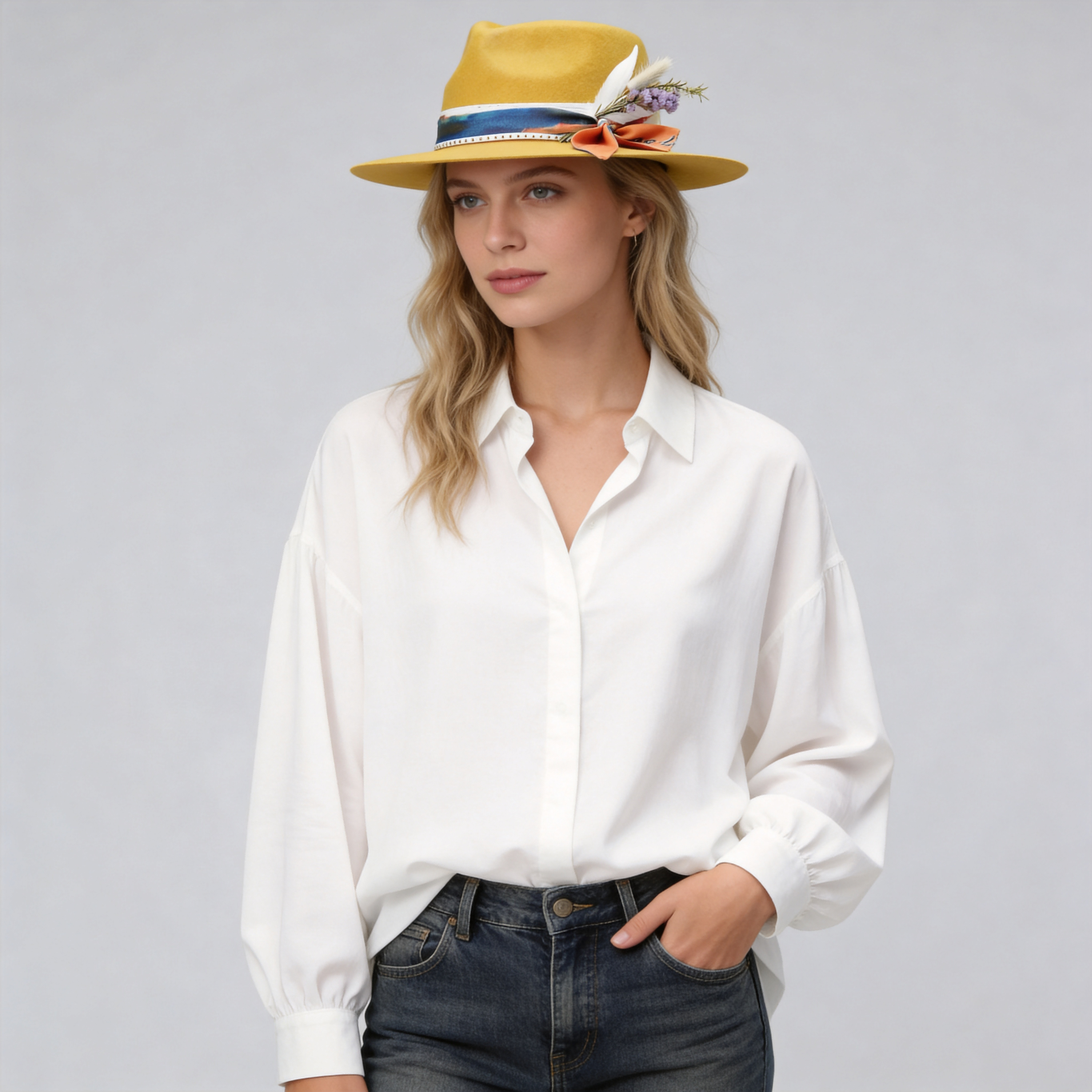 Yellow Felt Hat - Custom Art Fabric with Floral Detail