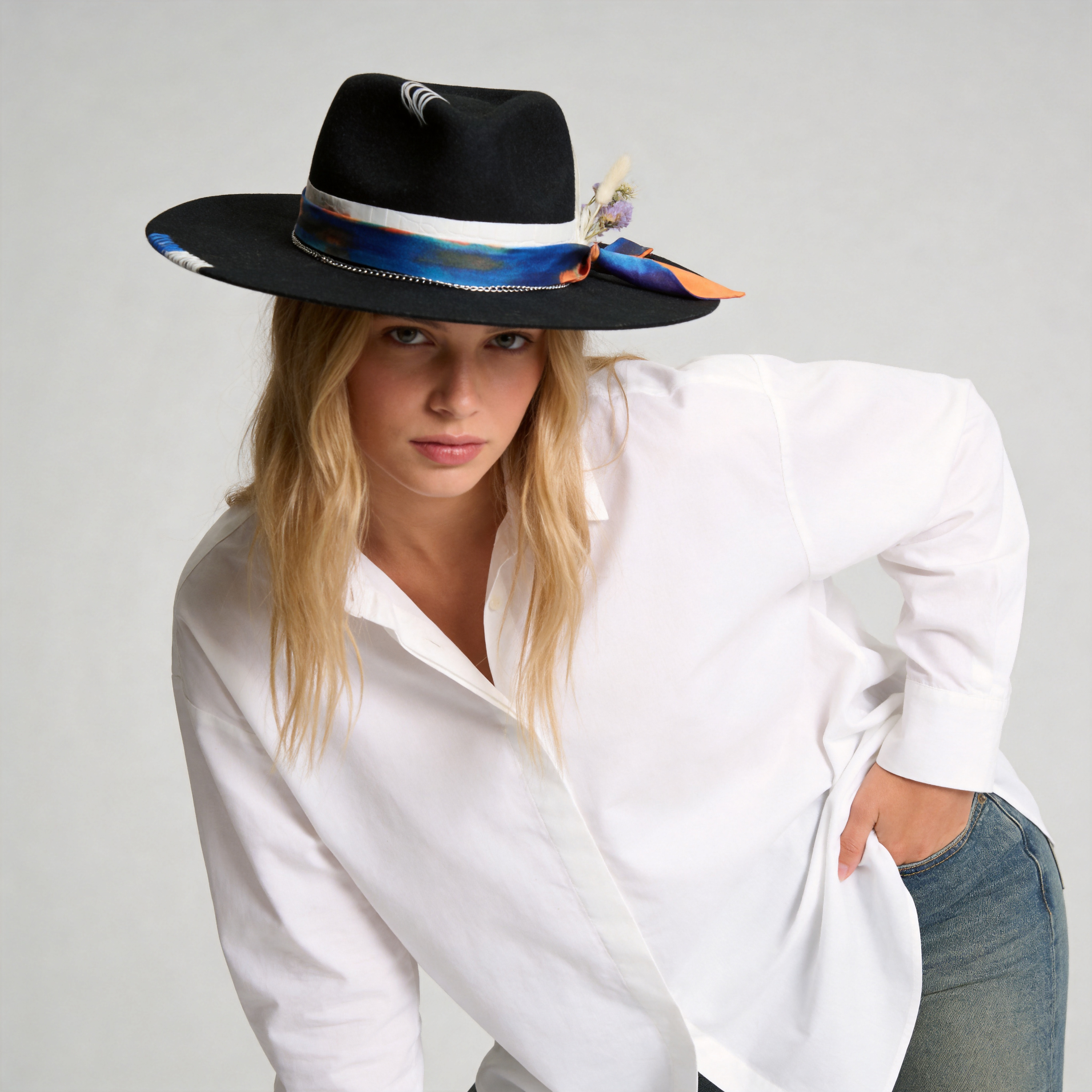 Women Black Felt Hat - Stitched Detail with Art Fabric Strap