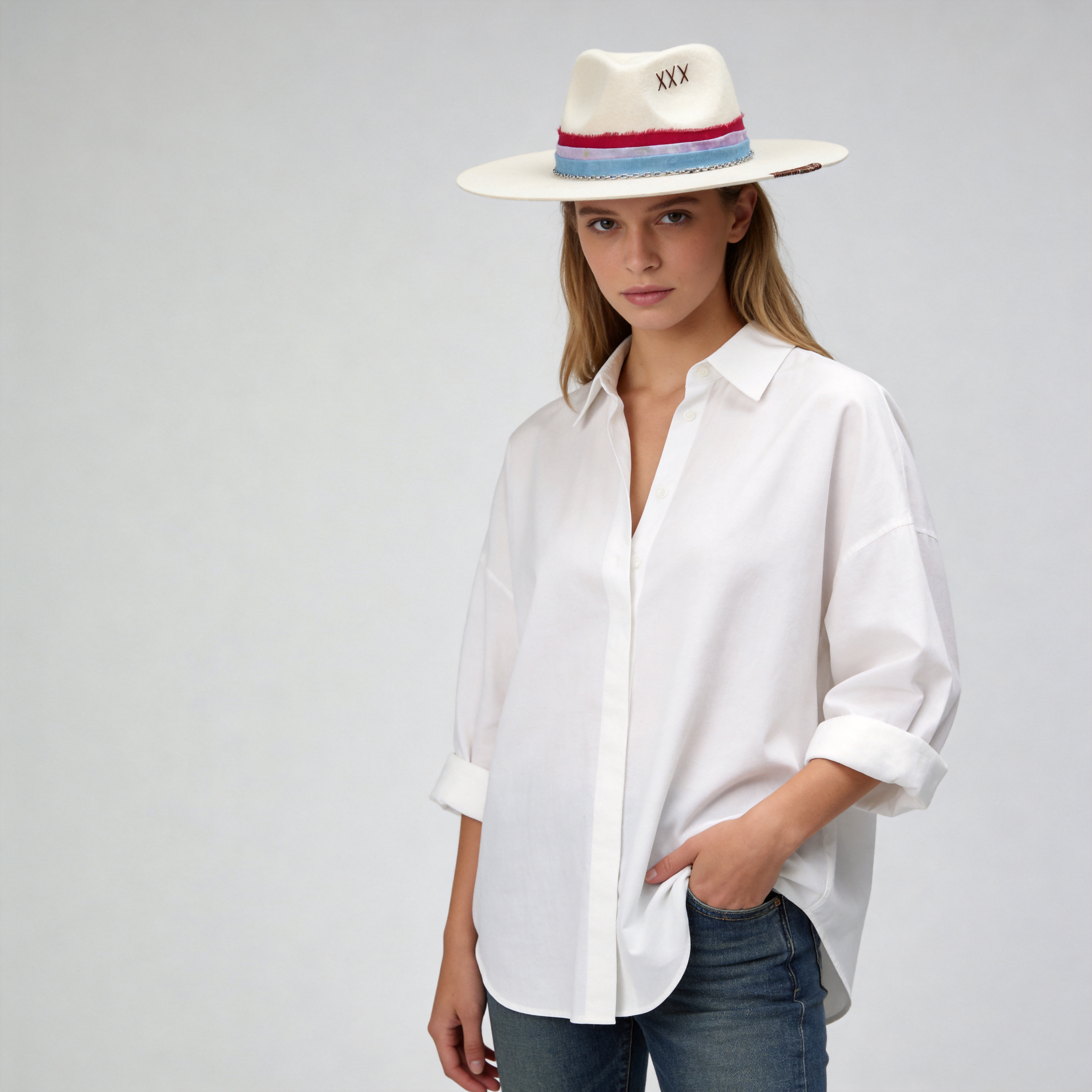 Off-White Straight Brim Felt Hat with Silver Chain