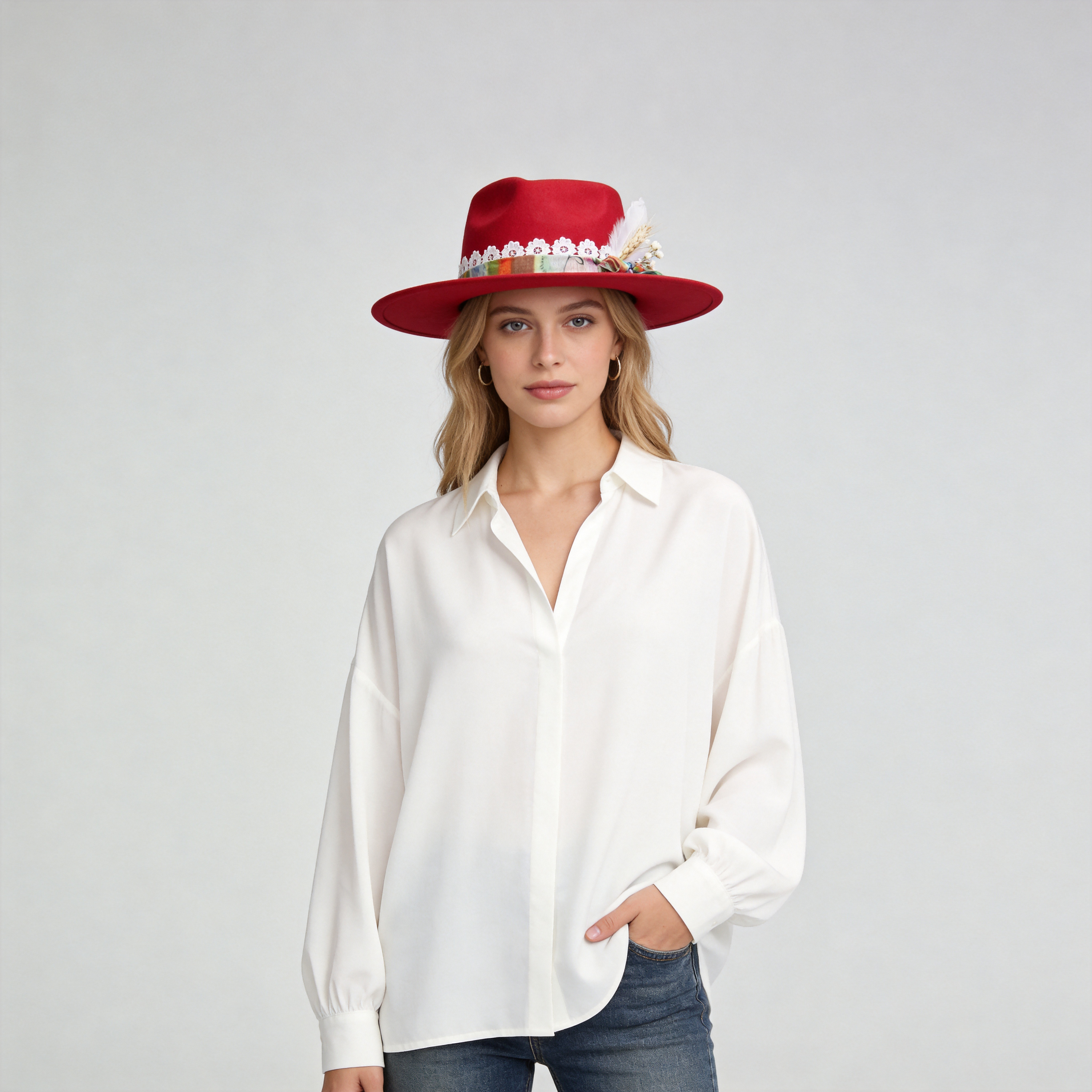 Red Straight Brim Felt Hat with Lace & Floral Band