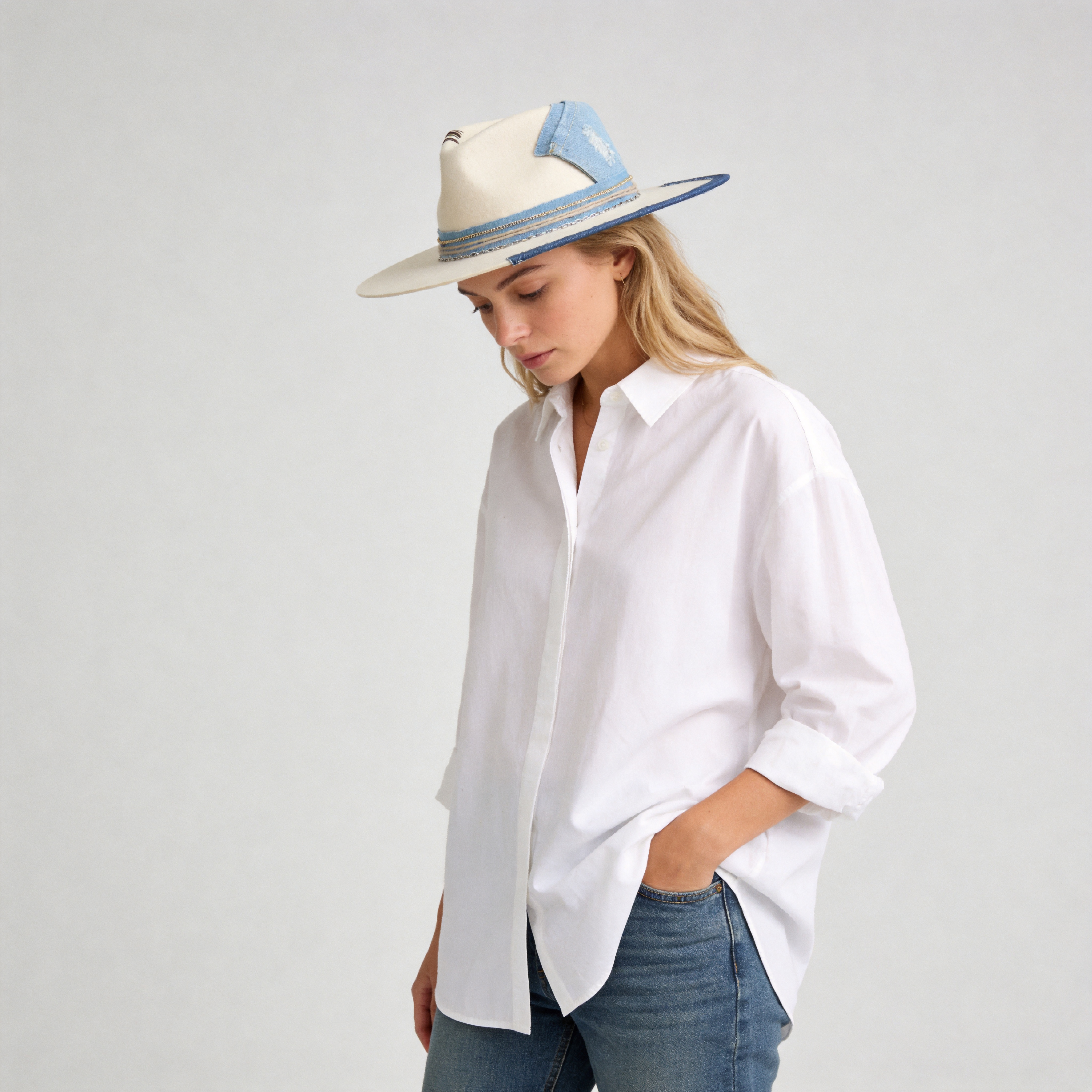 Teardrop Fedora - Cream with Denim Stitching