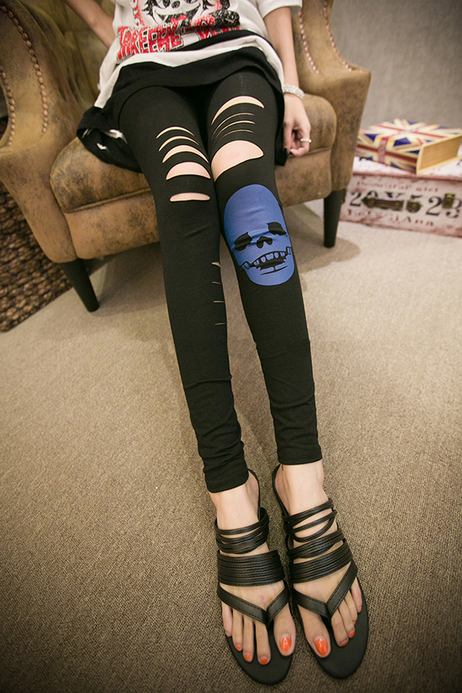 黑色骷髅头打底长裤