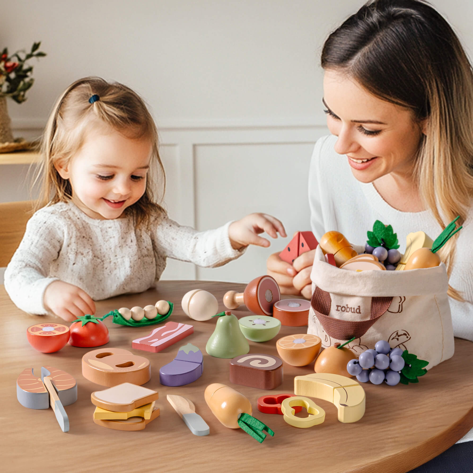 ROBUD Wooden Cutting Food Playset 4-in-1