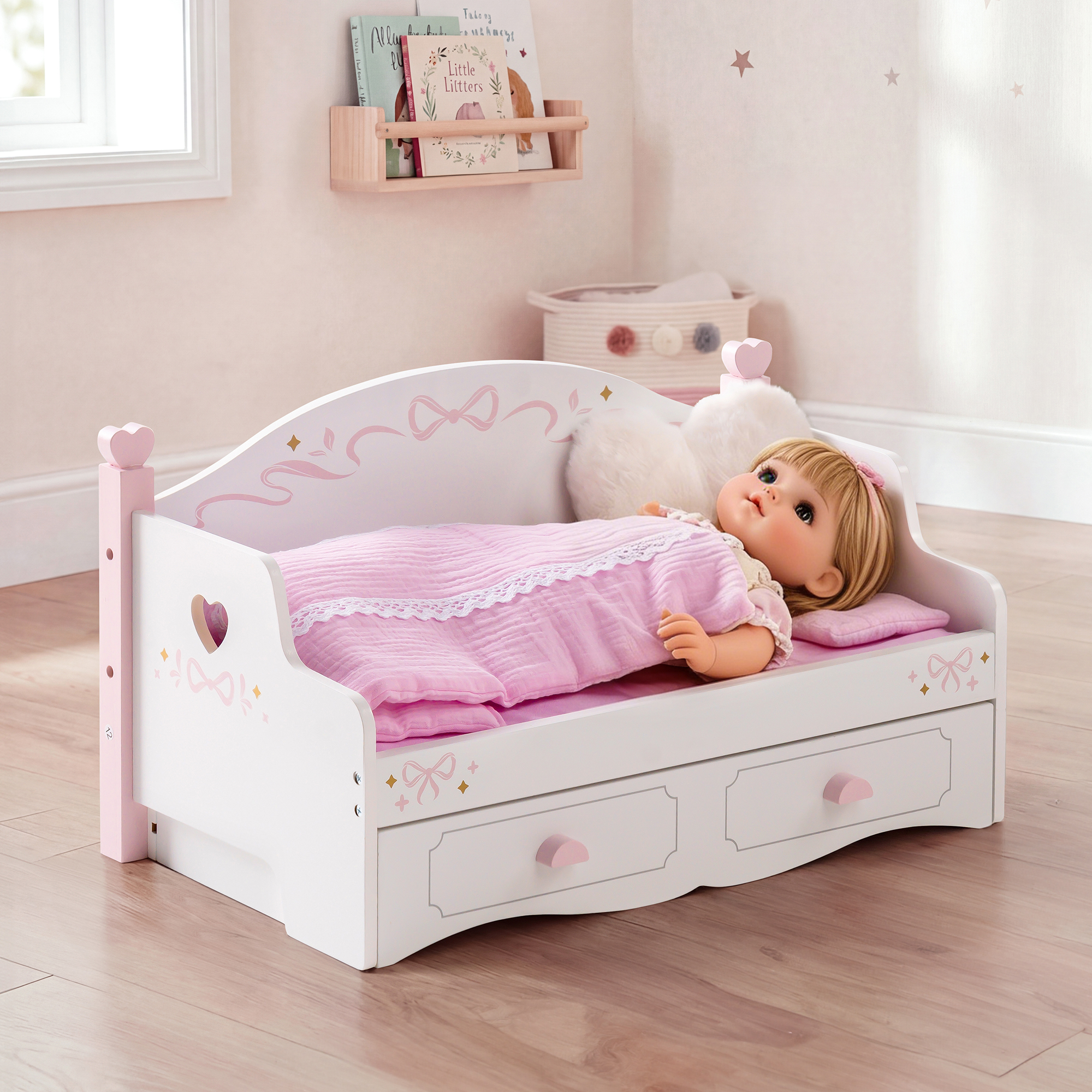 ROBUD Wooden All-in-One Baby Doll Doll Bunk Bed Sofa with Mattress