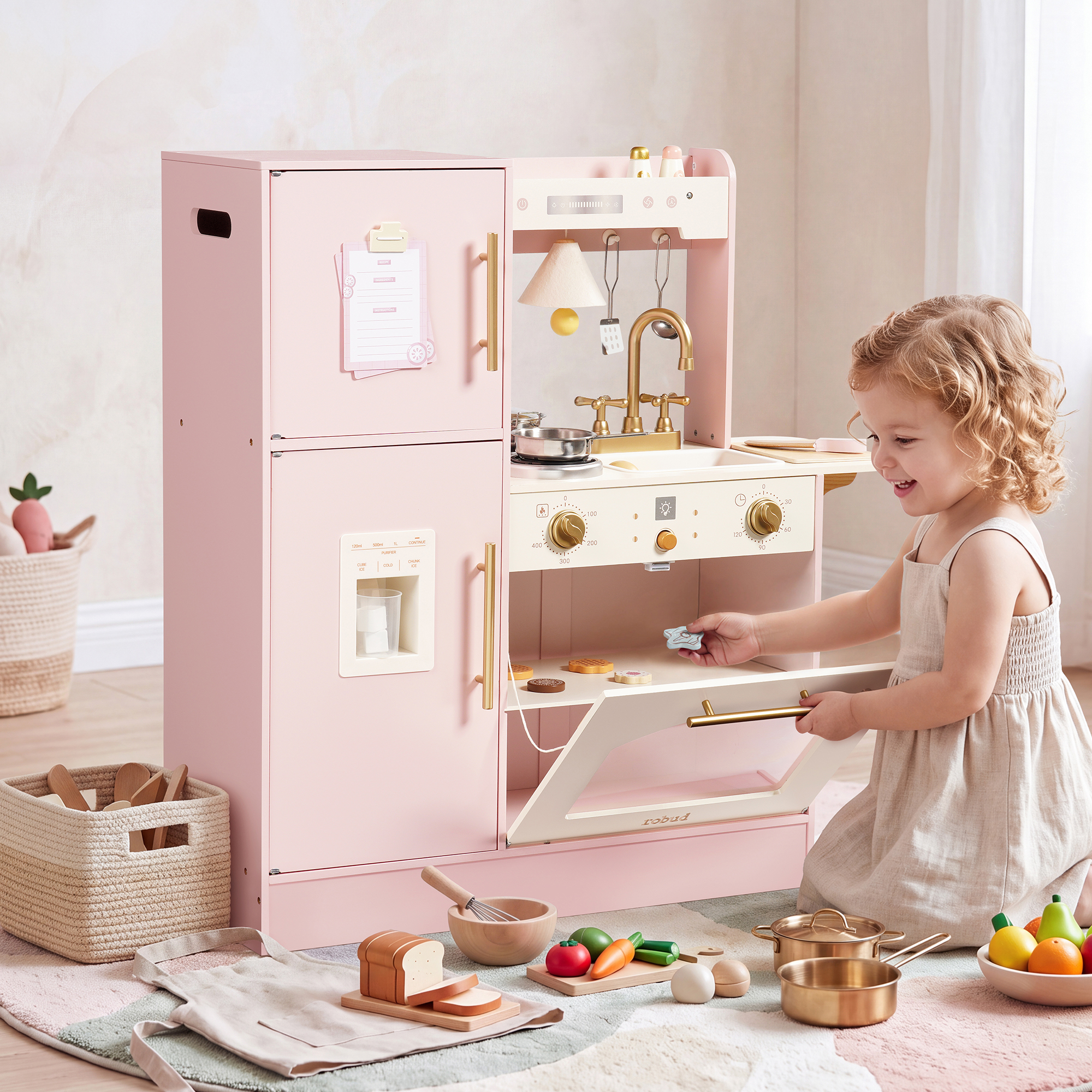 ROBUD Kids Wooden Pretend Cooking Toy with Fridge & Oven
