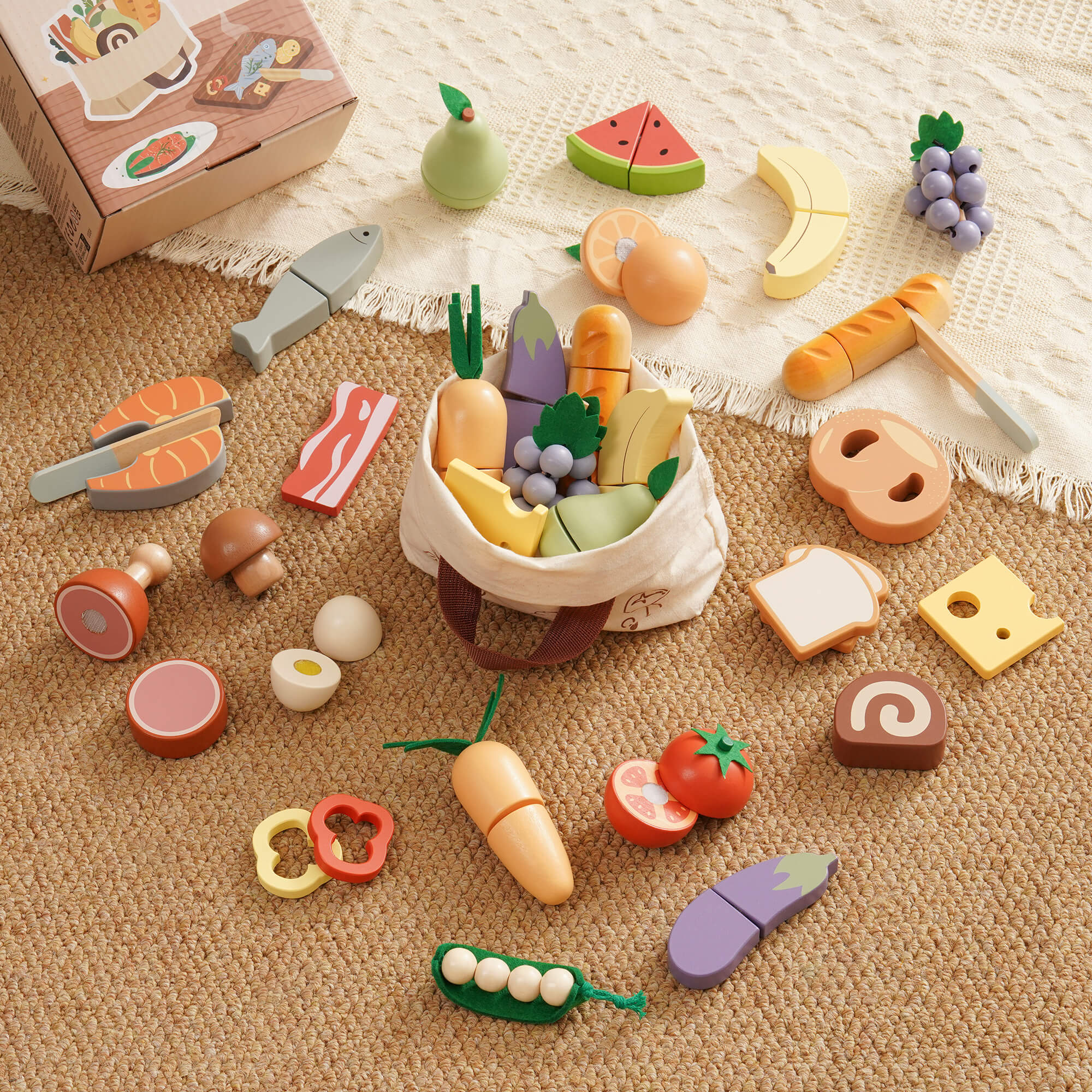 ROBUD Wooden Cutting Food Playset 4-in-1