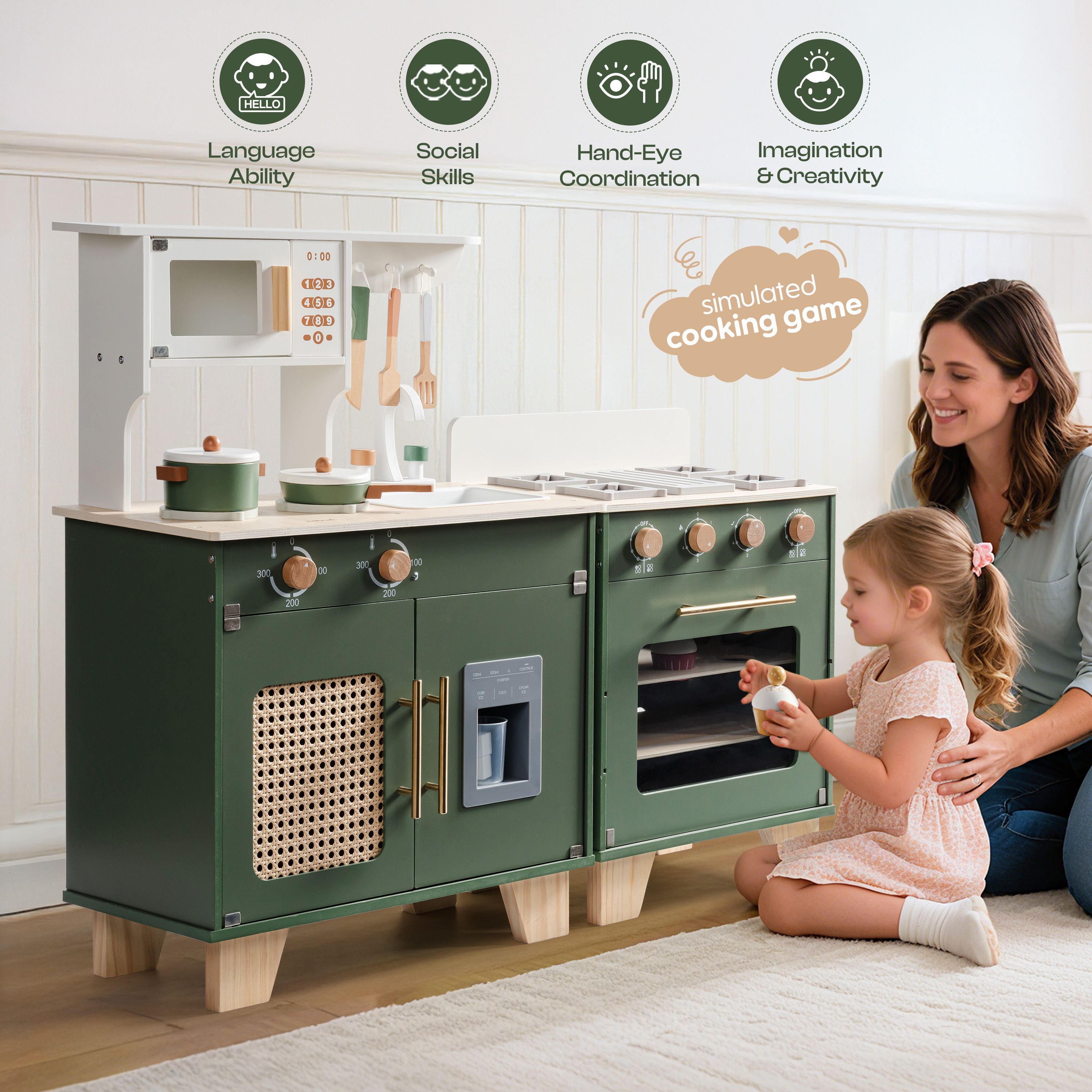 ROBUD Wooden 3 Pieces Kids Kitchen Playset -  Vintage Green