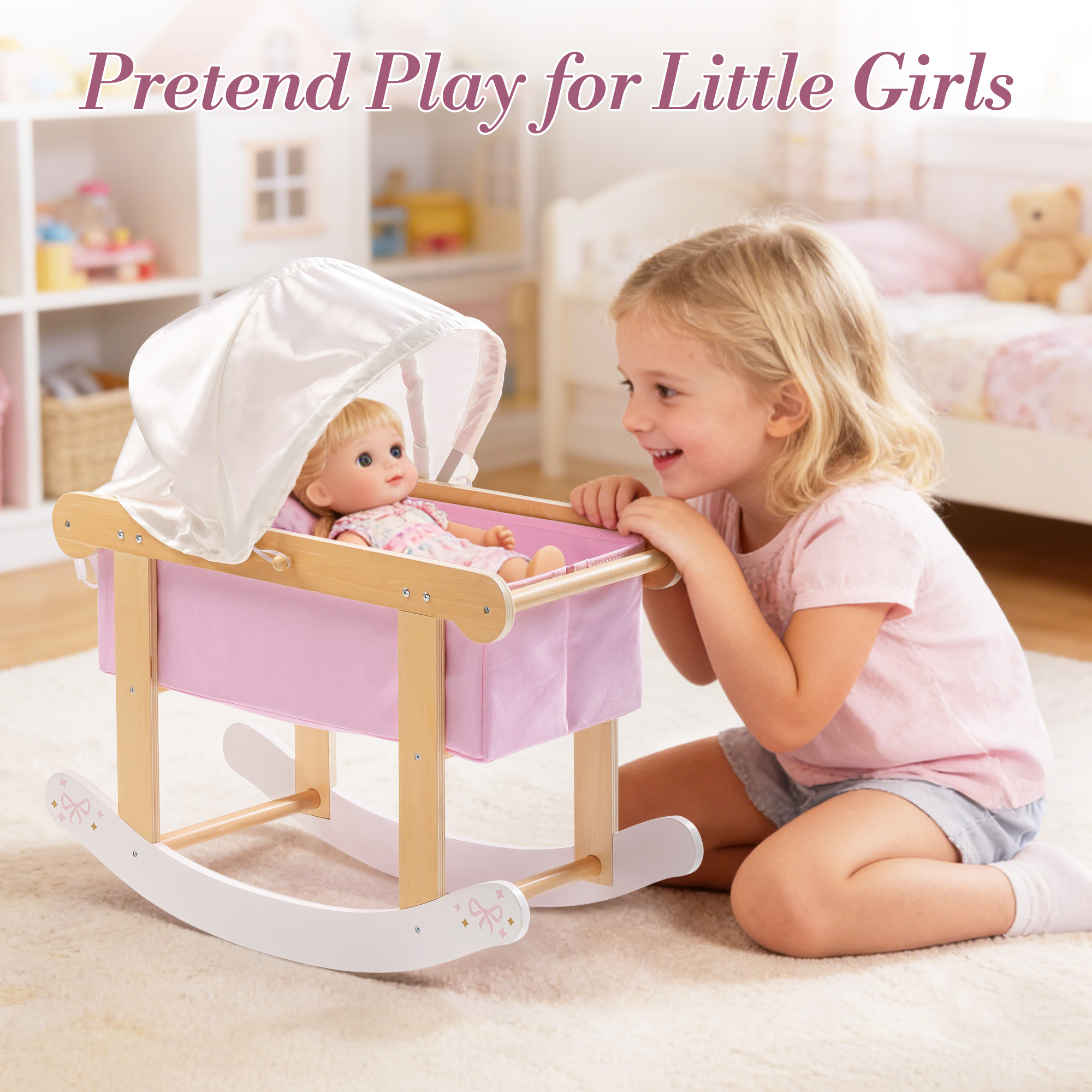 ROBUD Wooden Doll Rocking Cradle