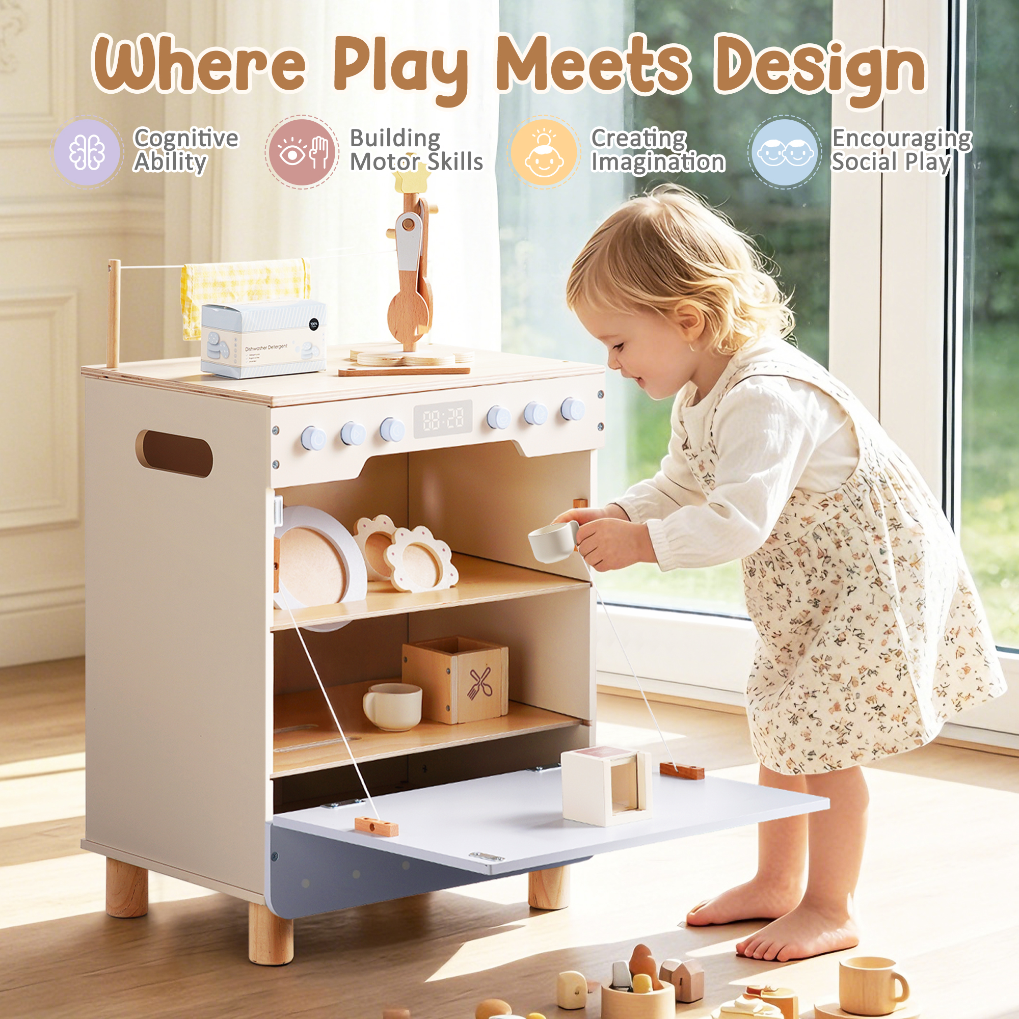 ROBUD Toy Wooden Dishwasher Playset