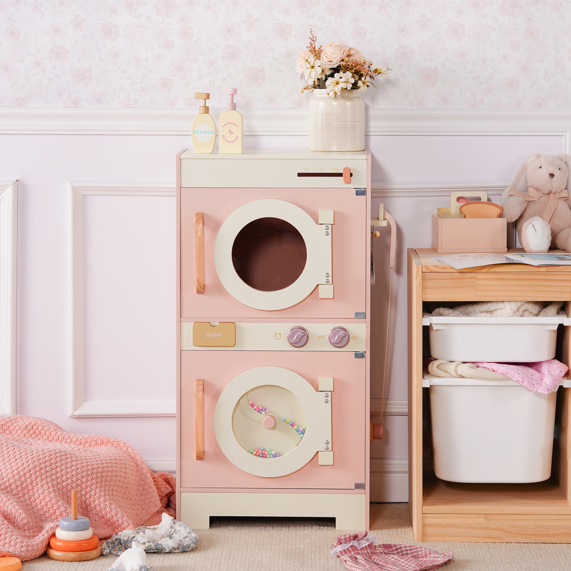 ROBUD Wooden Pink Washing Machine With Dryer