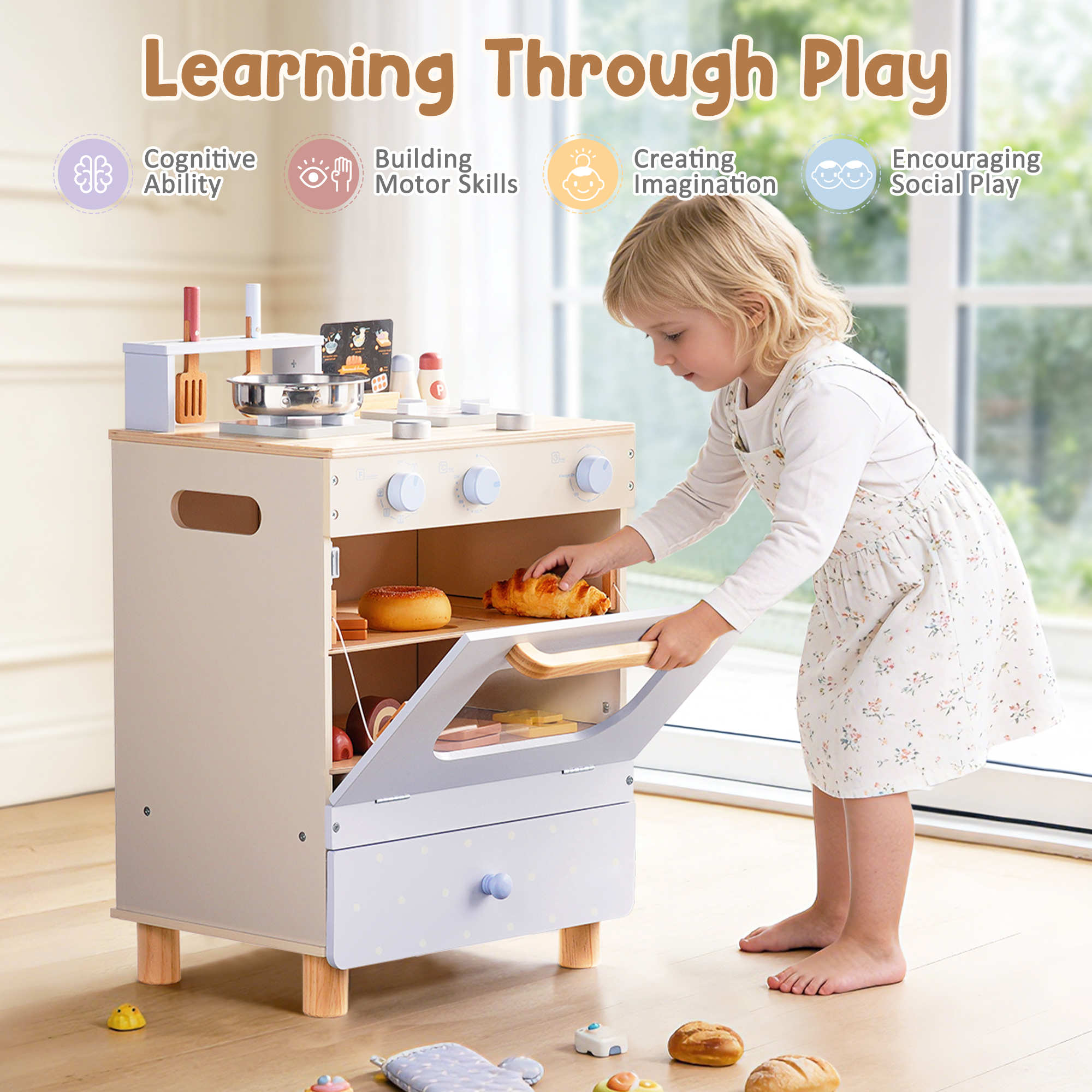 ROBUD Wooden Play Kitchen Set with Toy Oven
