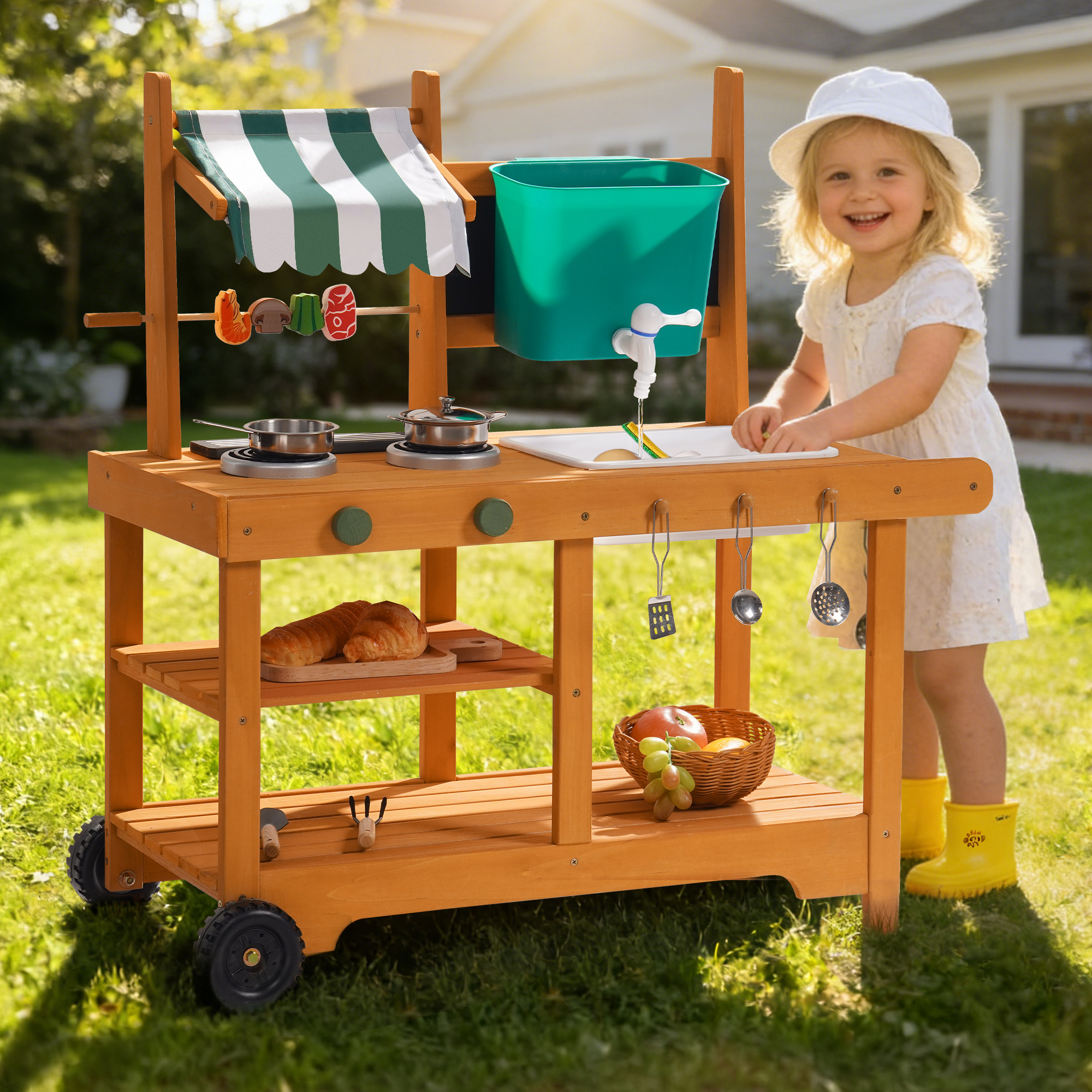 ROBUD Mud Kitchen for Kids Outdoor with Canopy & Wheels