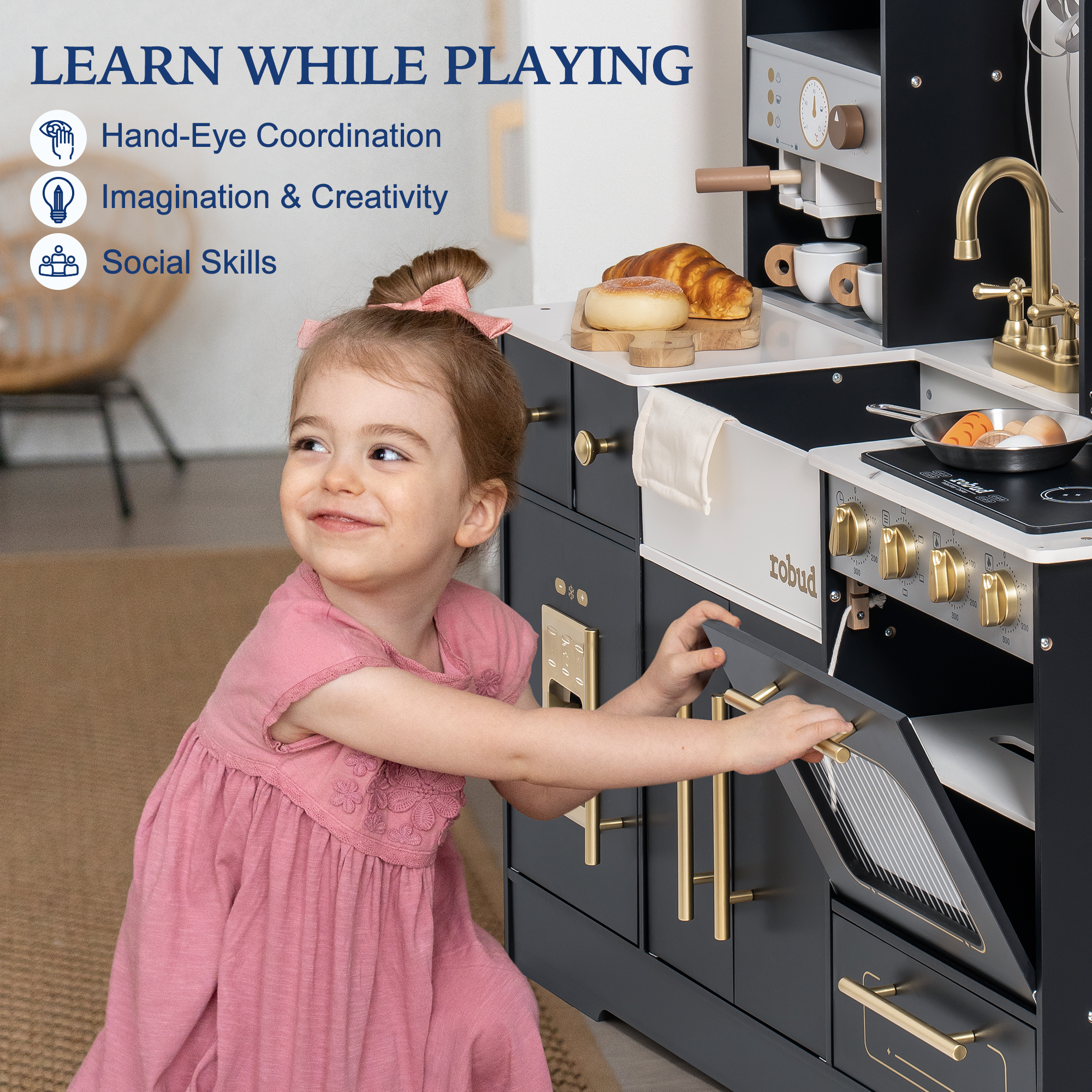 ROBUD Modern Play Kitchen for Kids - White