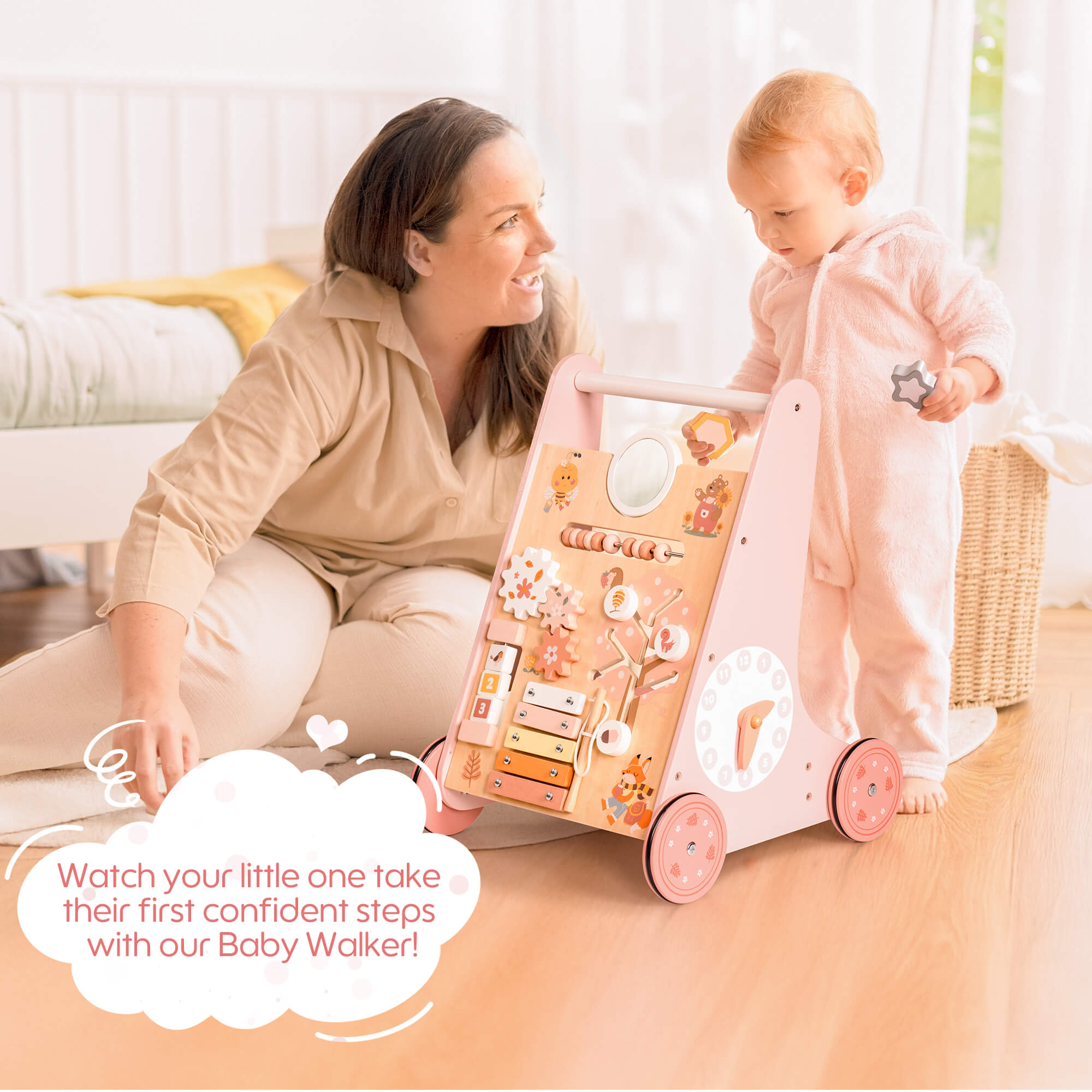 ROBUD Wooden Pink Baby Walker