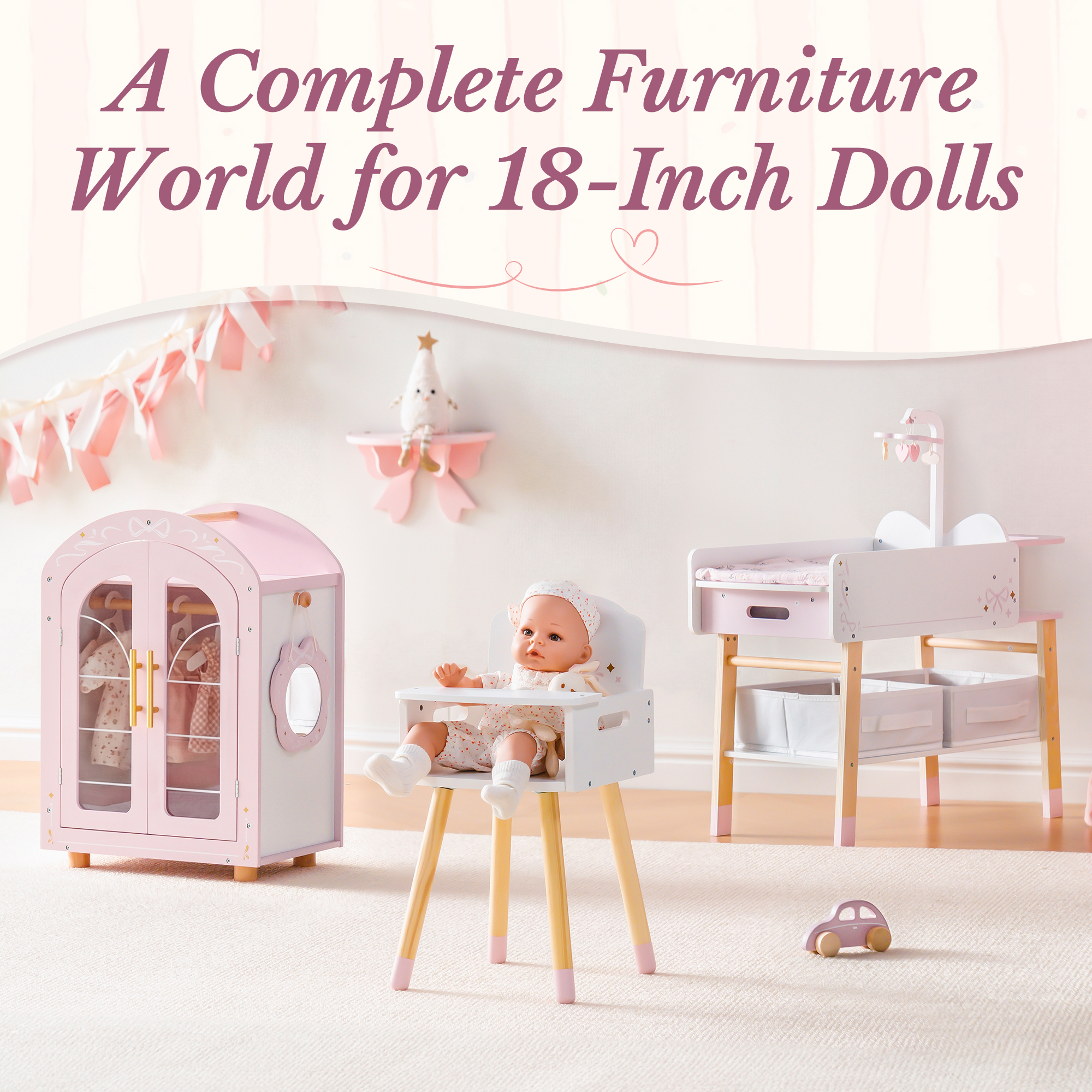 ROBUD Wooden All-in-One Baby Doll Doll Bunk Bed Sofa with Mattress