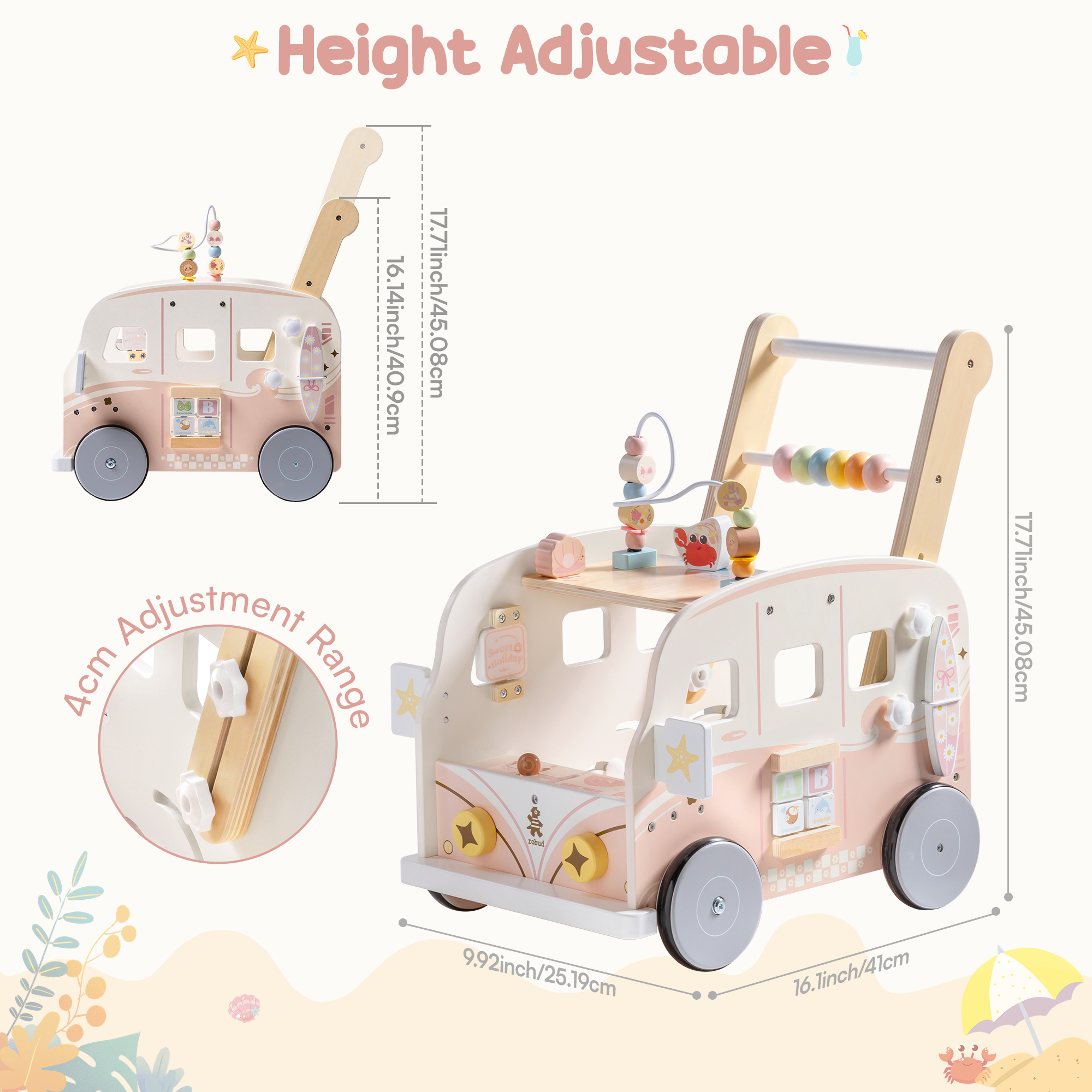 ROBUD Wooden Baby Push Walker - Vacaction Bus