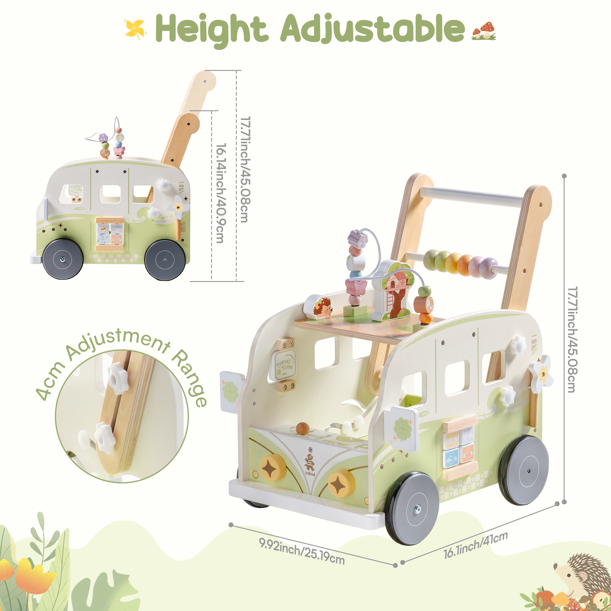 ROBUD Wooden Baby Push Walker - Vacaction Bus
