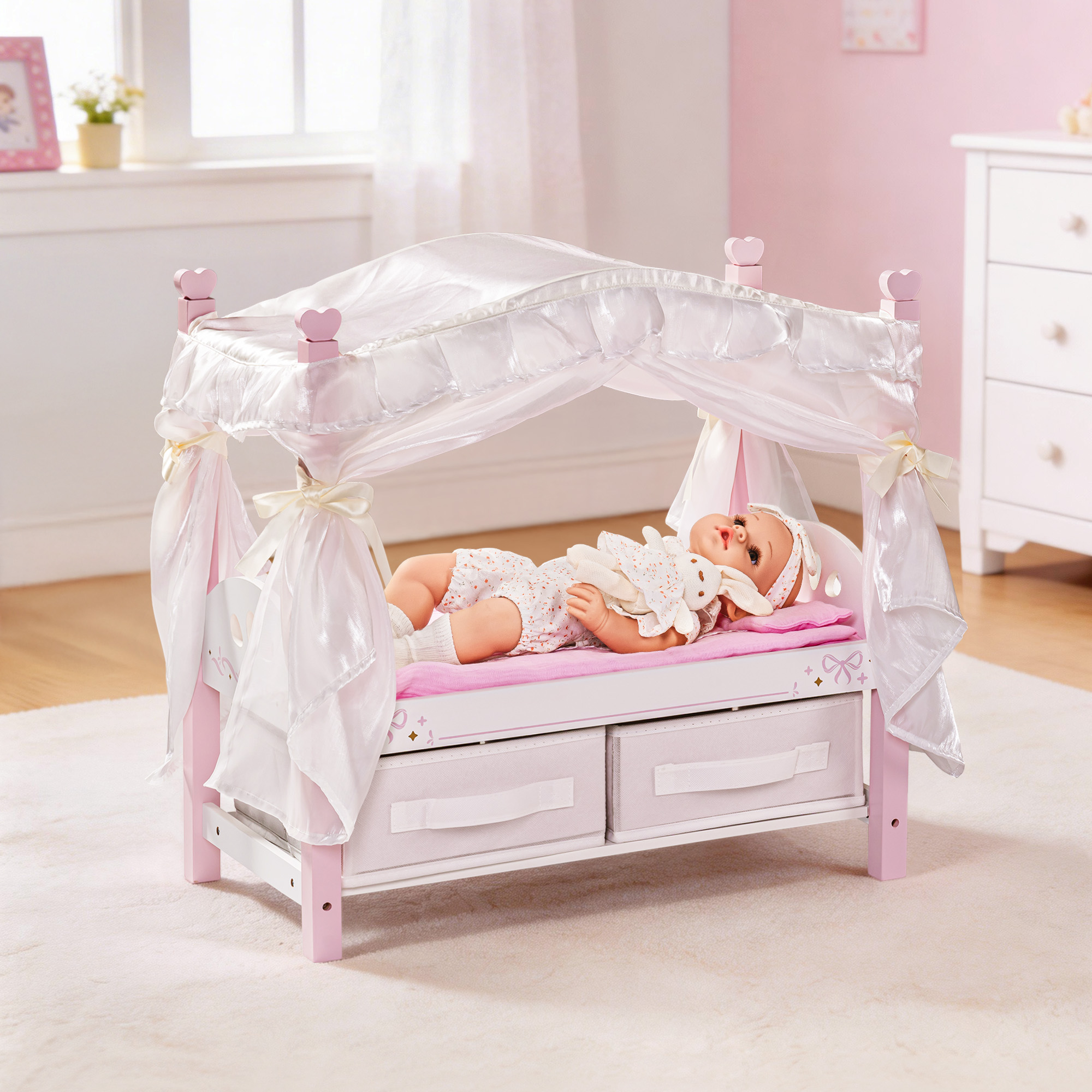 ROBUD Wooden Doll Canopy Bed for 18 Inch Dolls