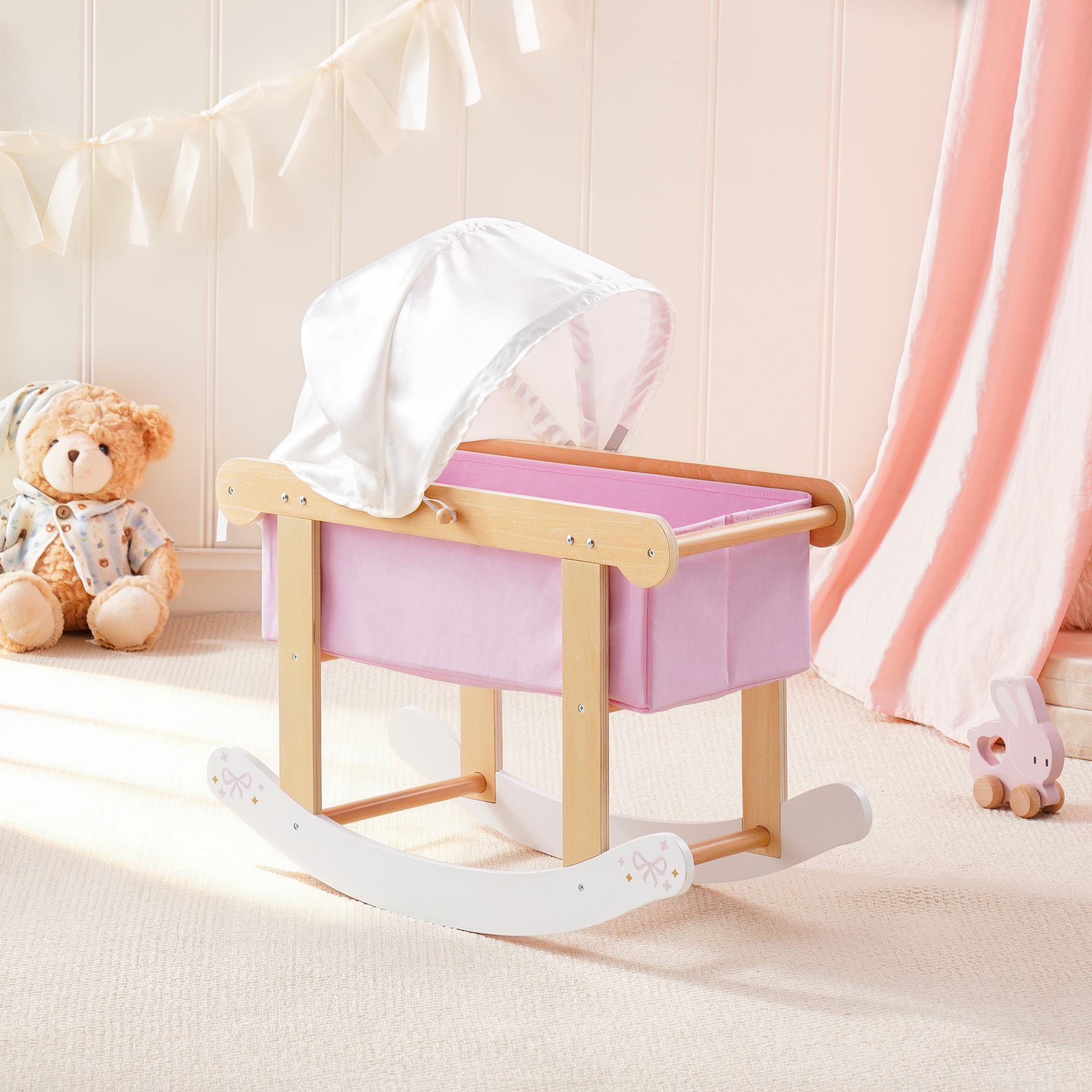 ROBUD Wooden Doll Rocking Cradle