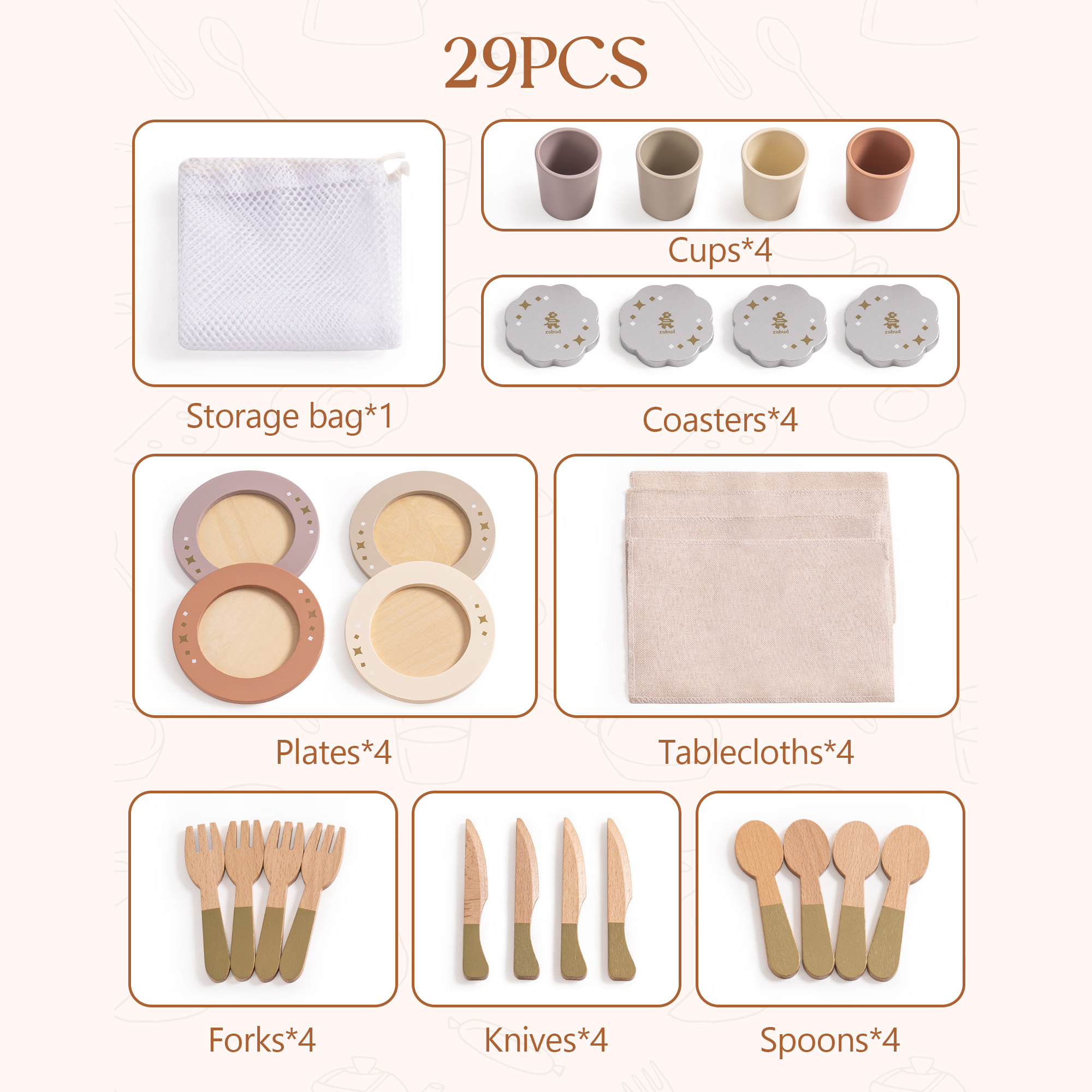 ROBUD 4-Set Wooden Play Dishes Set