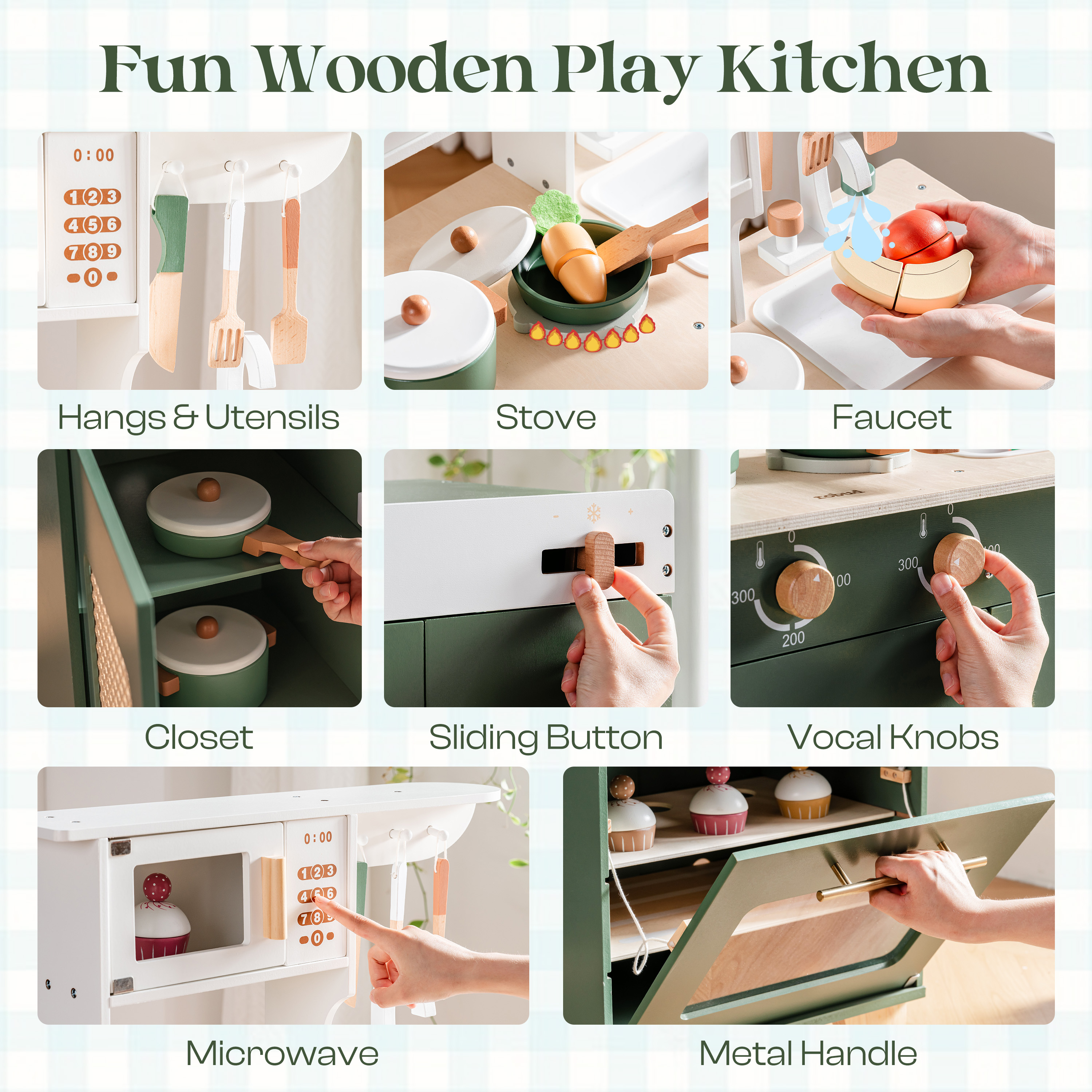 ROBUD Wooden 3 Pieces Kids Kitchen Playset -  Vintage Green