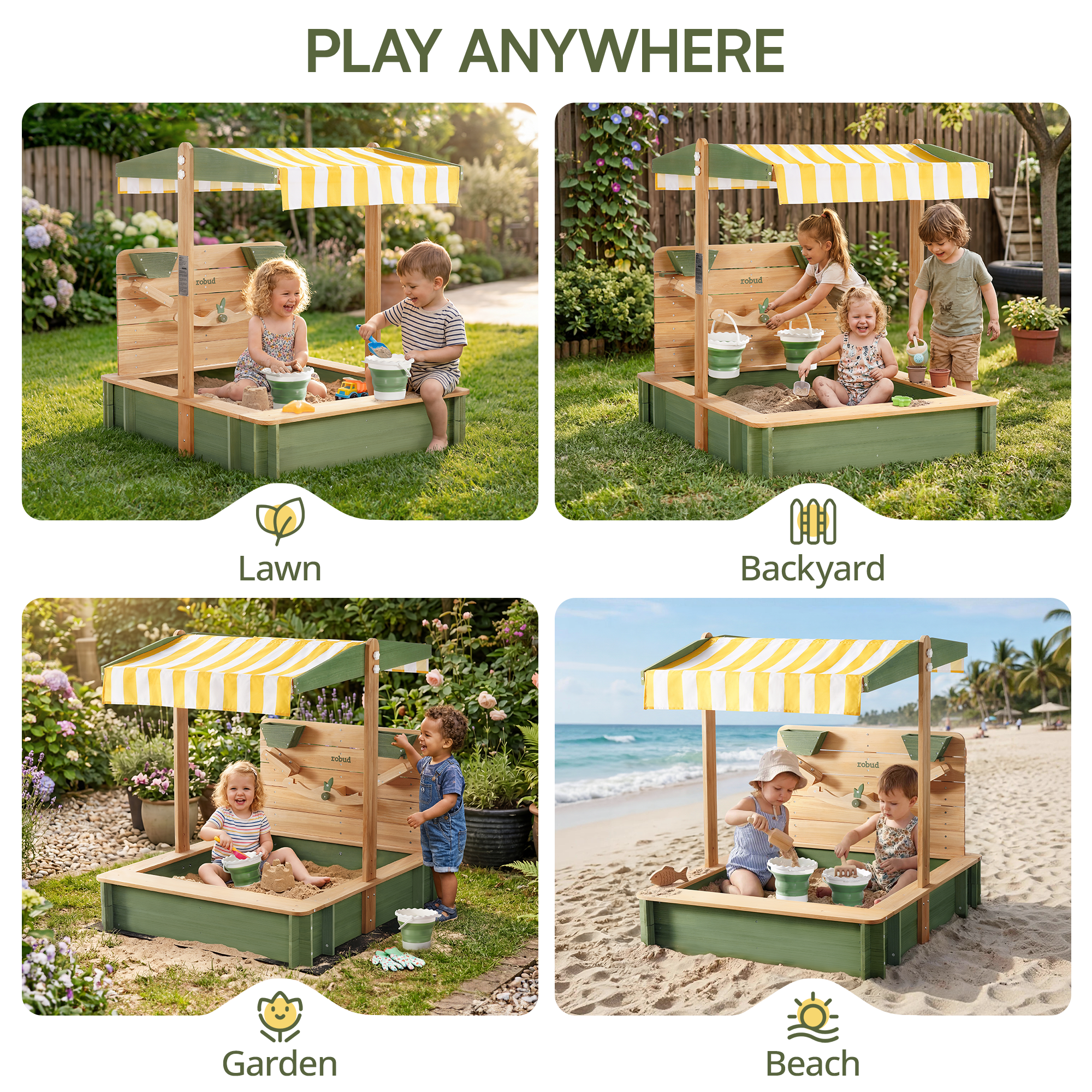 ROBUD Kids Wooden Outdoor Sandbox with 180° Adjustable Canopy