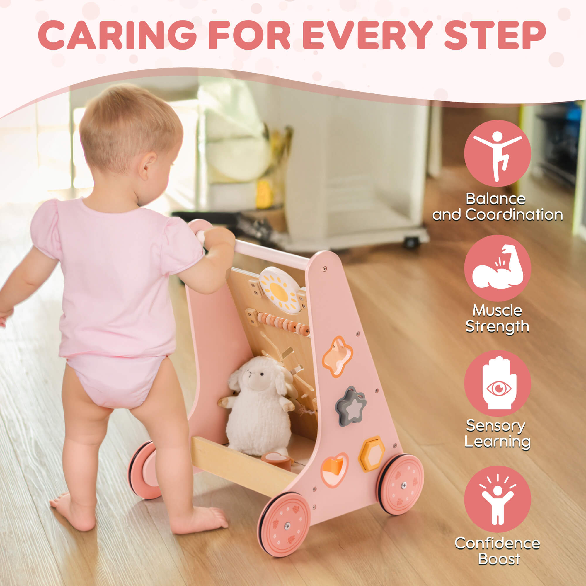ROBUD Wooden Pink Baby Walker