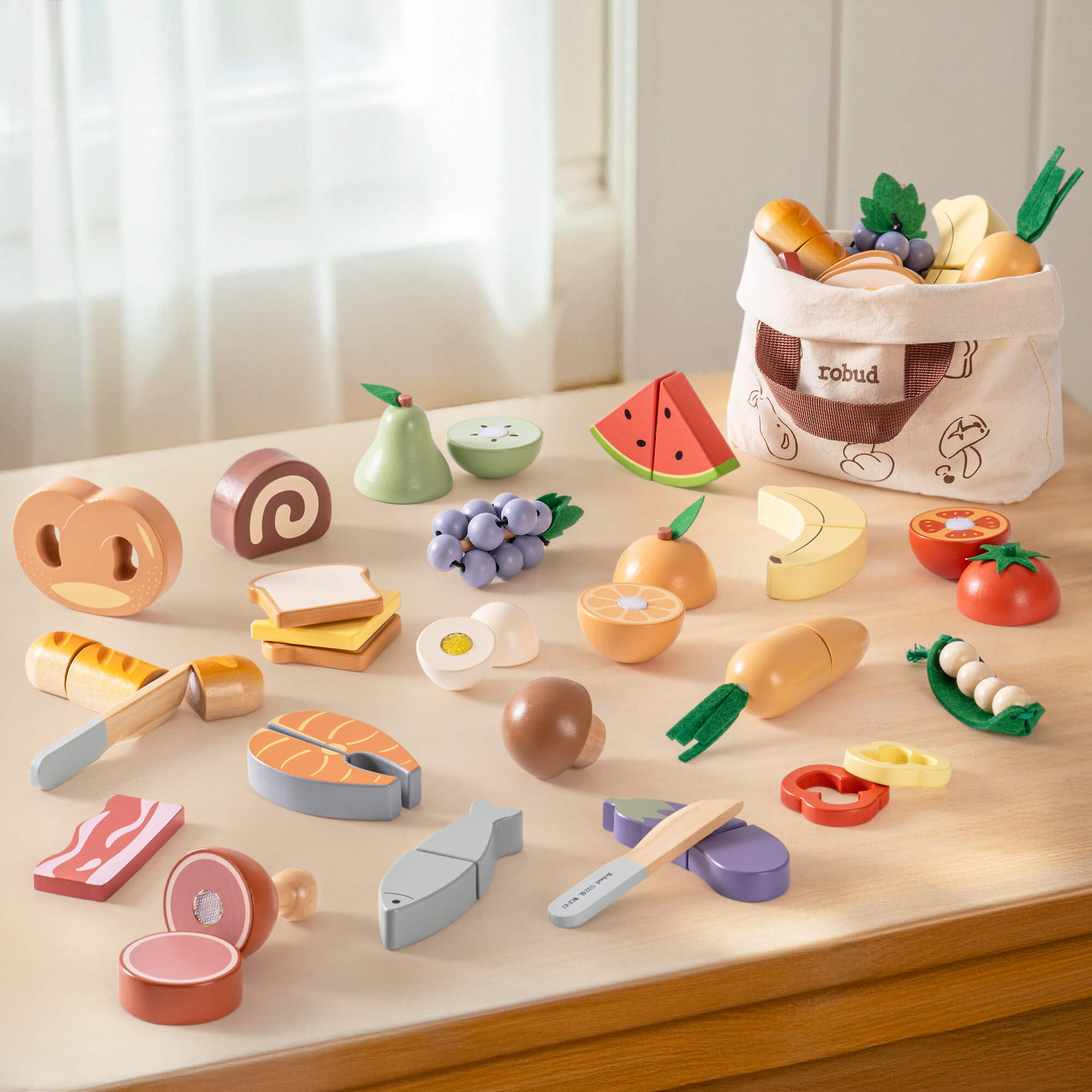 ROBUD Wooden Cutting Food Playset 4-in-1