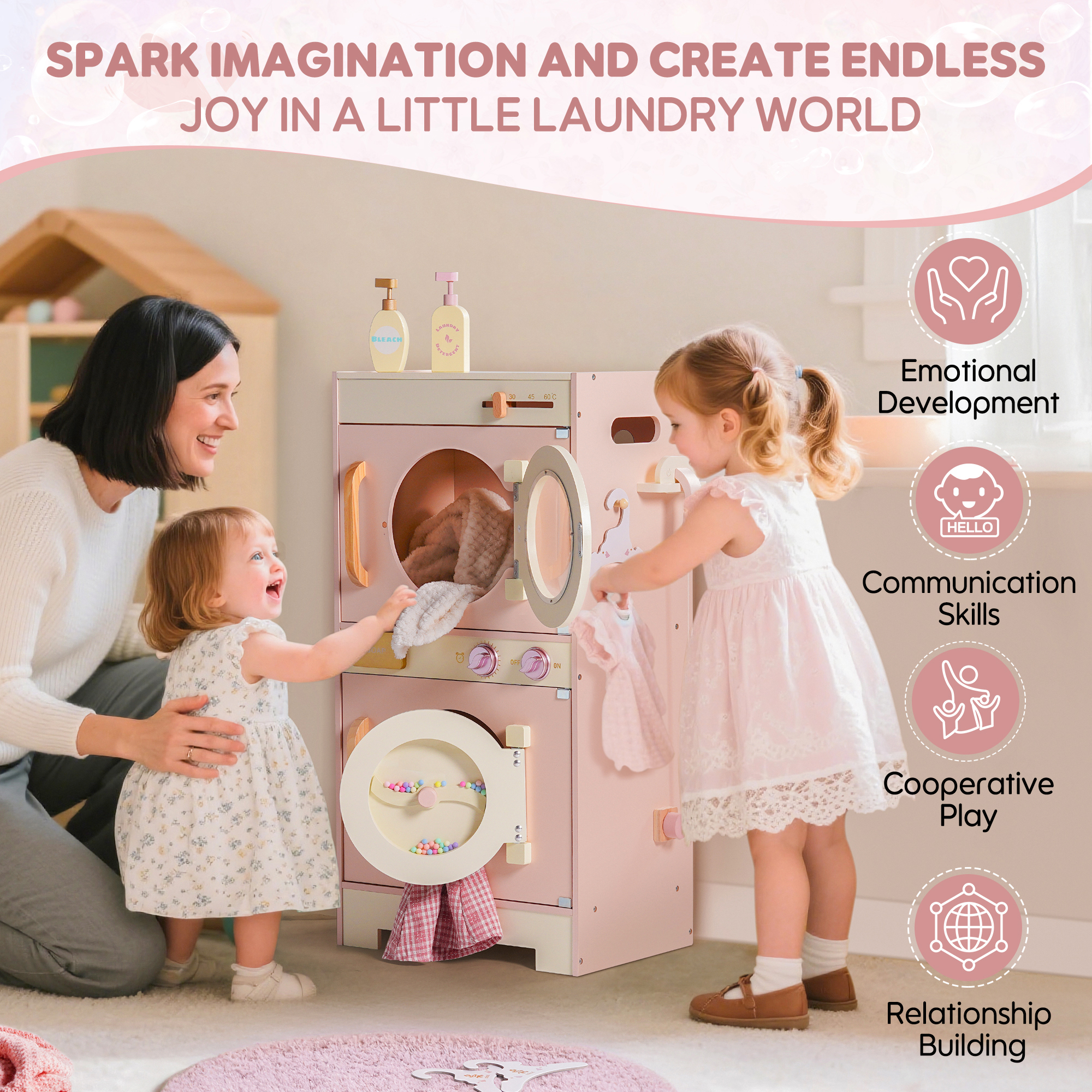 ROBUD Wooden Pink Washing Machine With Dryer