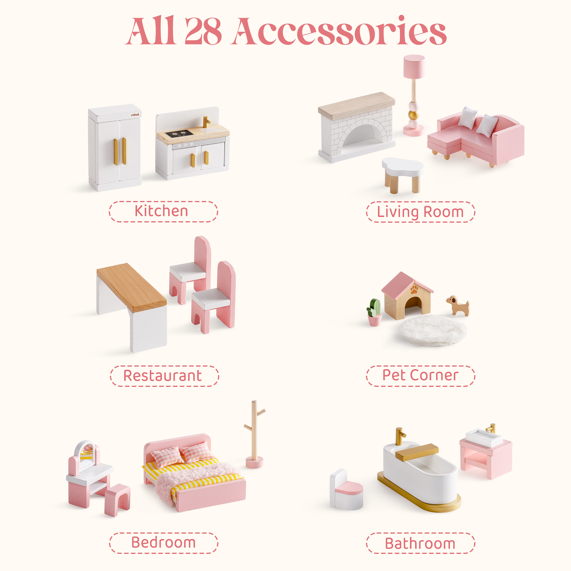 ROBUD Wooden Dollhouse Furniture Set - Pink