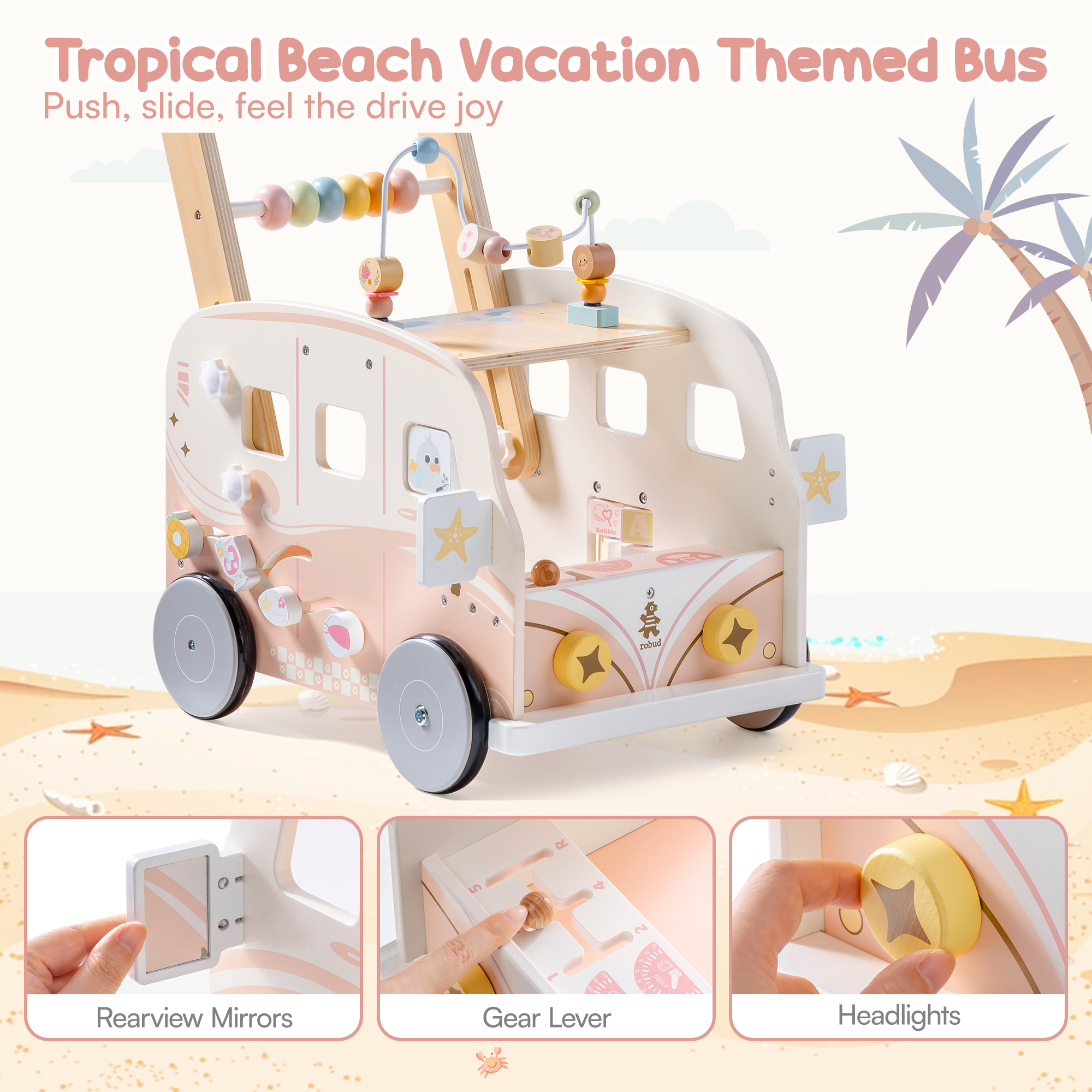 ROBUD Wooden Baby Push Walker - Pink Vacation Bus