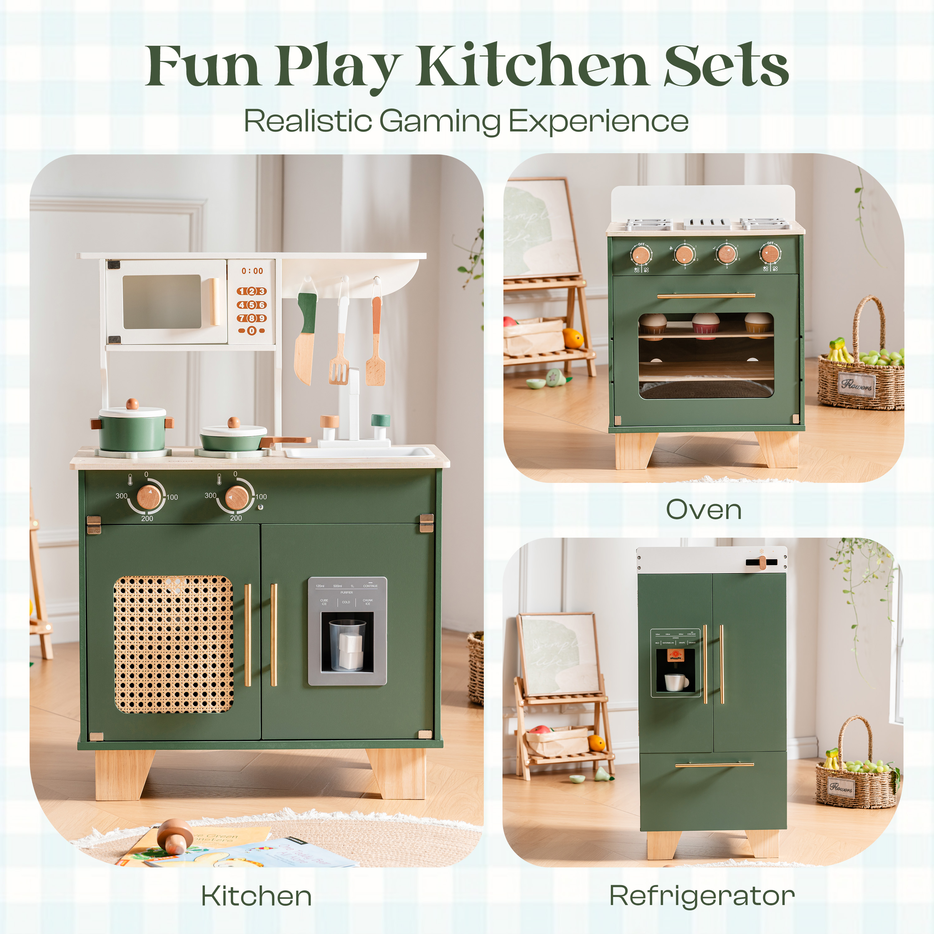 ROBUD Wooden 3 Pieces Kids Kitchen Playset -  Vintage Green