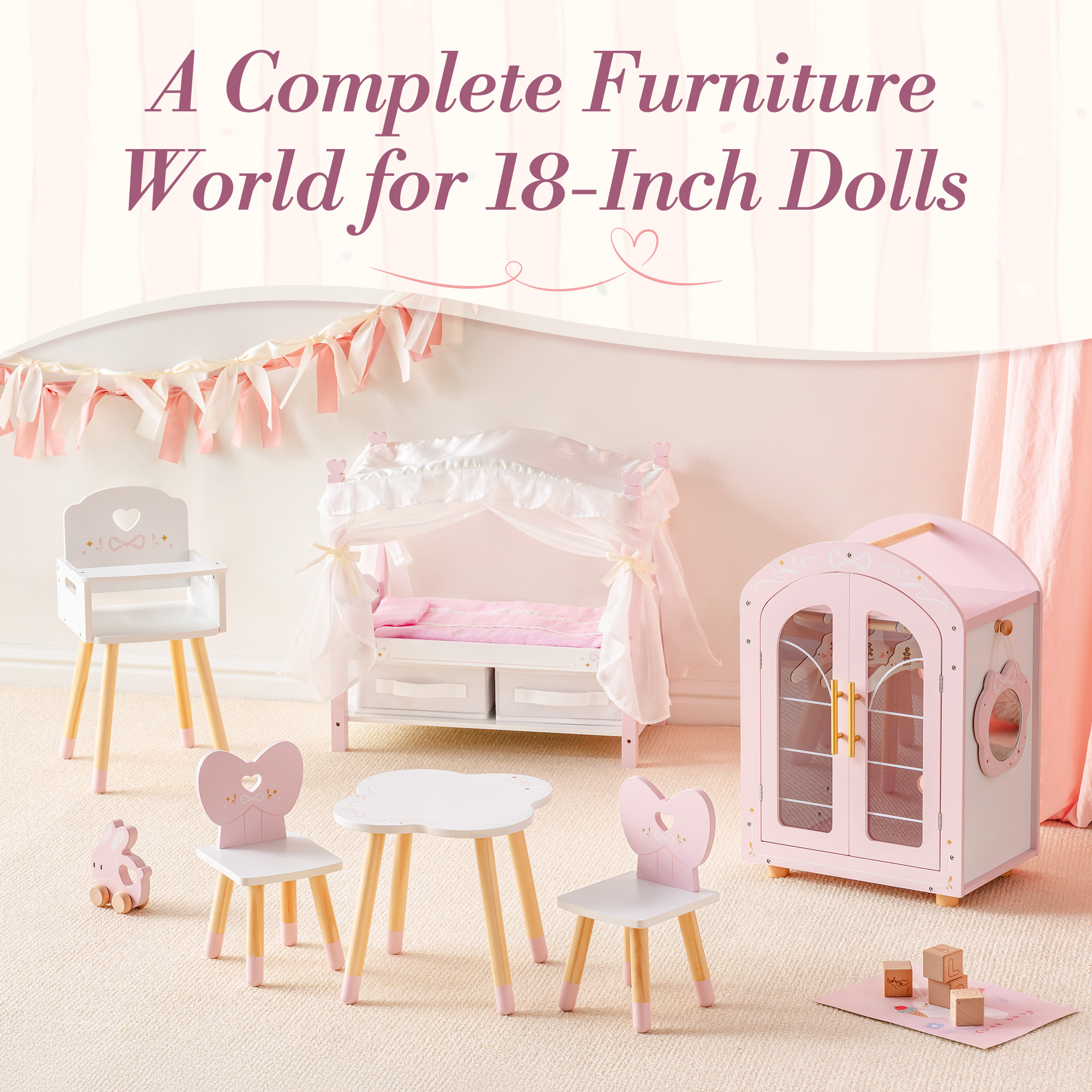 ROBUD Wooden Doll Canopy Bed for 18 Inch Dolls