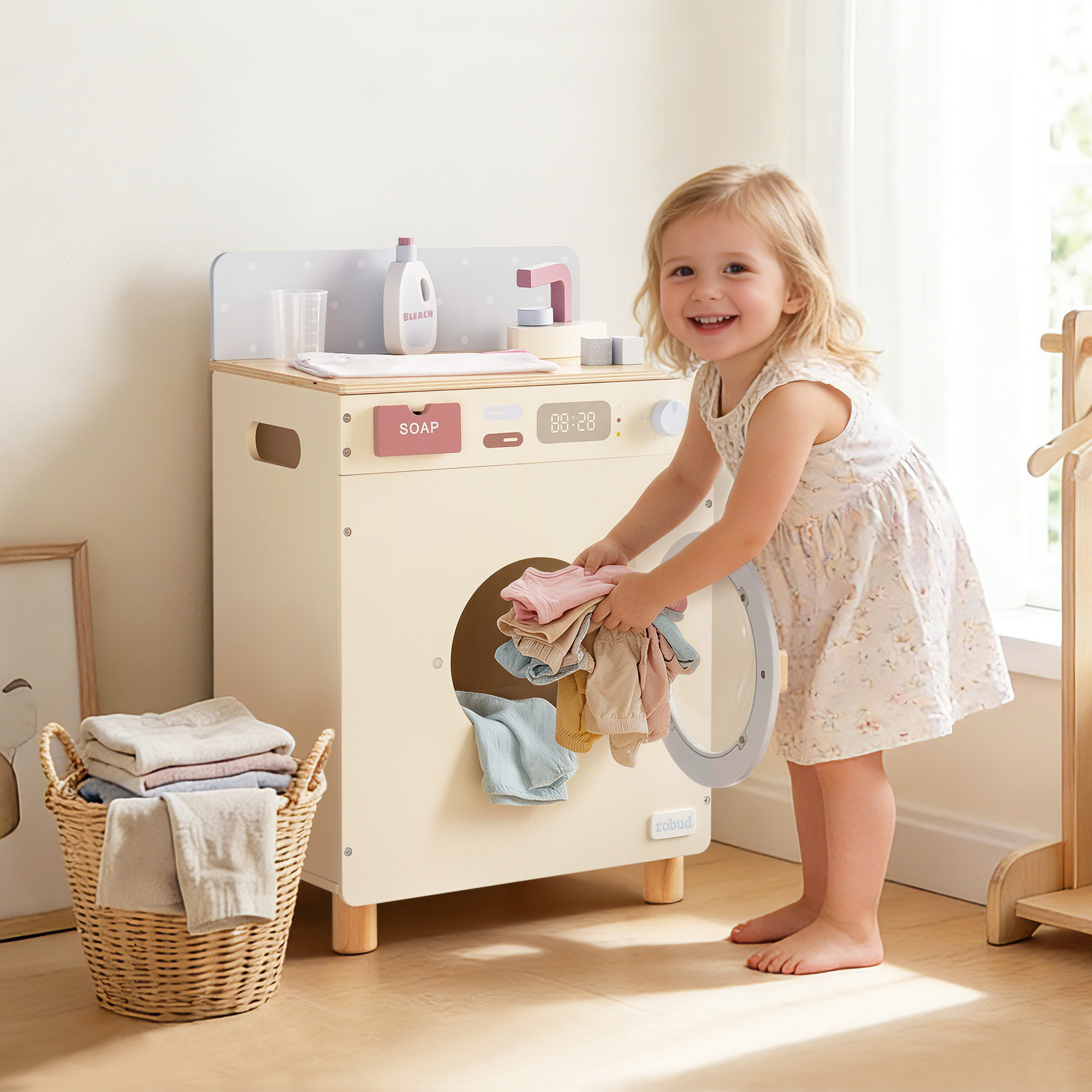 ROBUD Wooden Washing Machine Toy with Spinning Drum